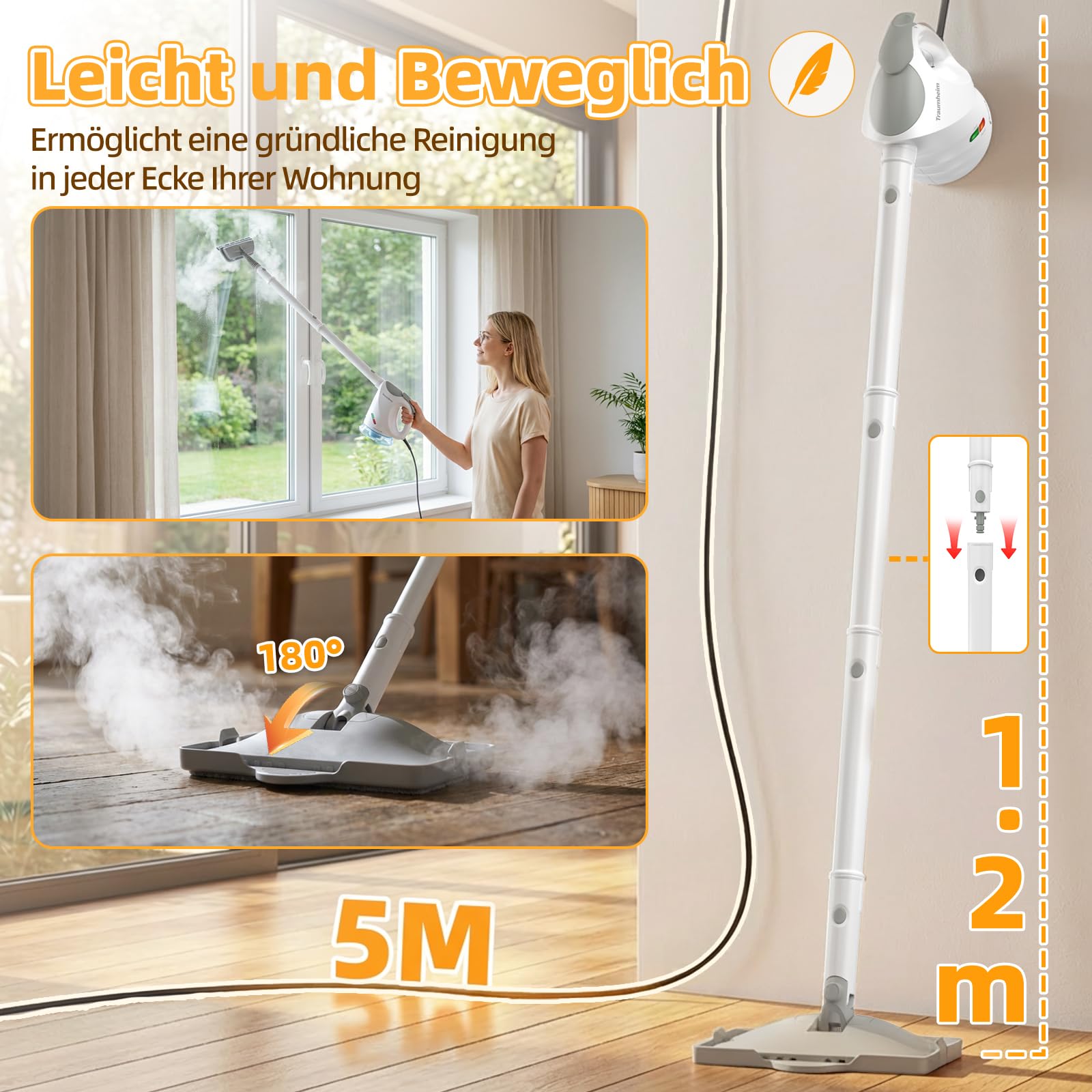 Dampfreiniger, 10-in-1 Handdampfreiniger, 15S Schnelle Aufheizung Dampfwischer, 450 ml Druck-Mehrzweckdampfreiniger, 1500 W, chemikalienfreier für den Heimgebrauch, Reinigung von Böden, Fliesen, Fenst