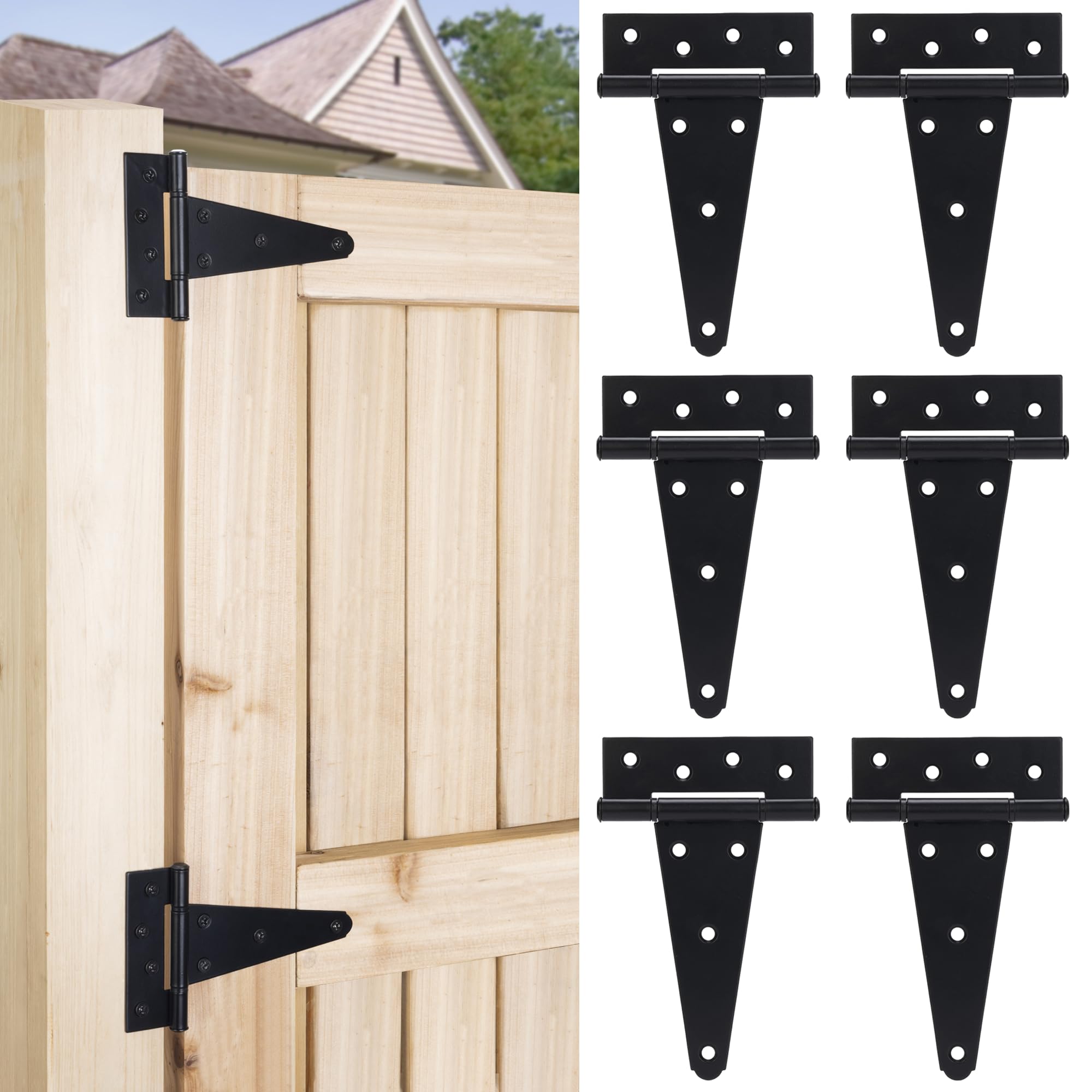 6 Inch T-Strap Gate Hinges, Heavy Duty Shed Barn Door Hinges, Black Tee Hinges for Wooden Fence, Yard Gate, Wrought Hardware Iron Rustproof (6 Pack)