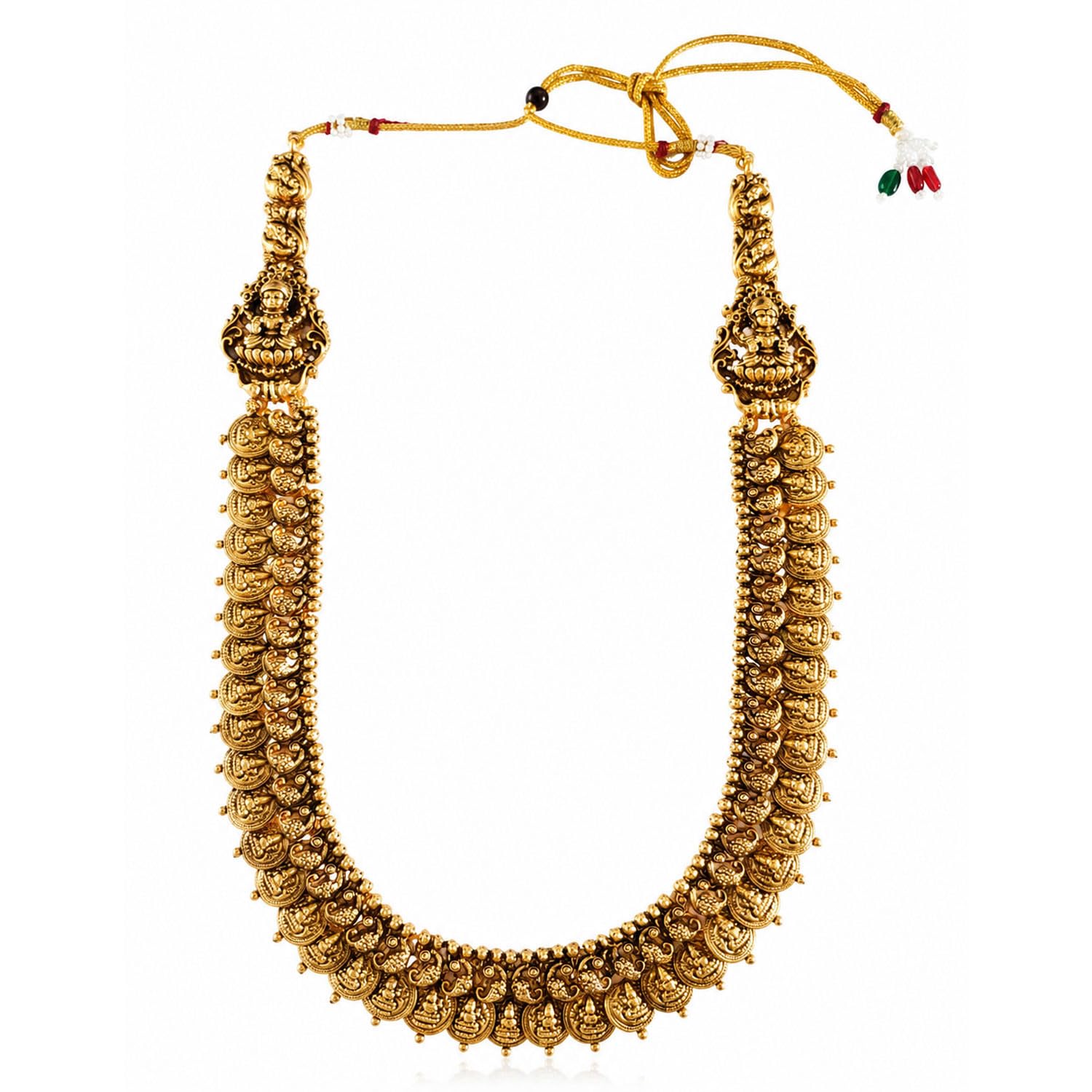 vama FASHIONS Traditional South Indian 18K Matt Gold Plated Lakshmi Devi Coin Kasu Mala Kasumala Necklace Long Haram Peacock Design Chain kasula mala necklaceridal Wedding Festivals Temple Jewelry for Women-picture-48
