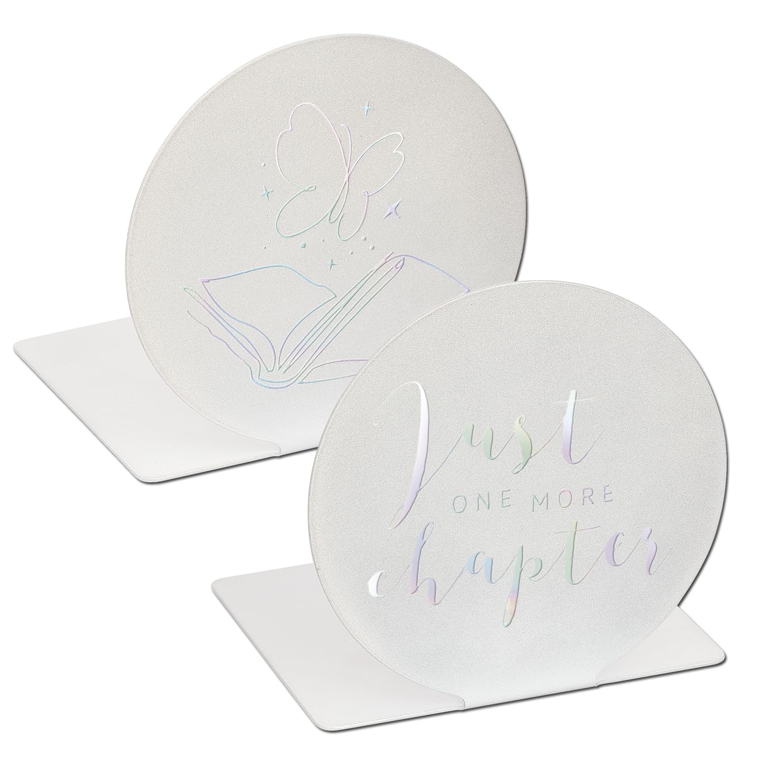 moses. Holographic Bookends Set of 2, Decorative Metal Book Stand Set with Sparkling Holographic Effect, Silver Bookend with Engraved Saying and Book Motif in New Adult Design