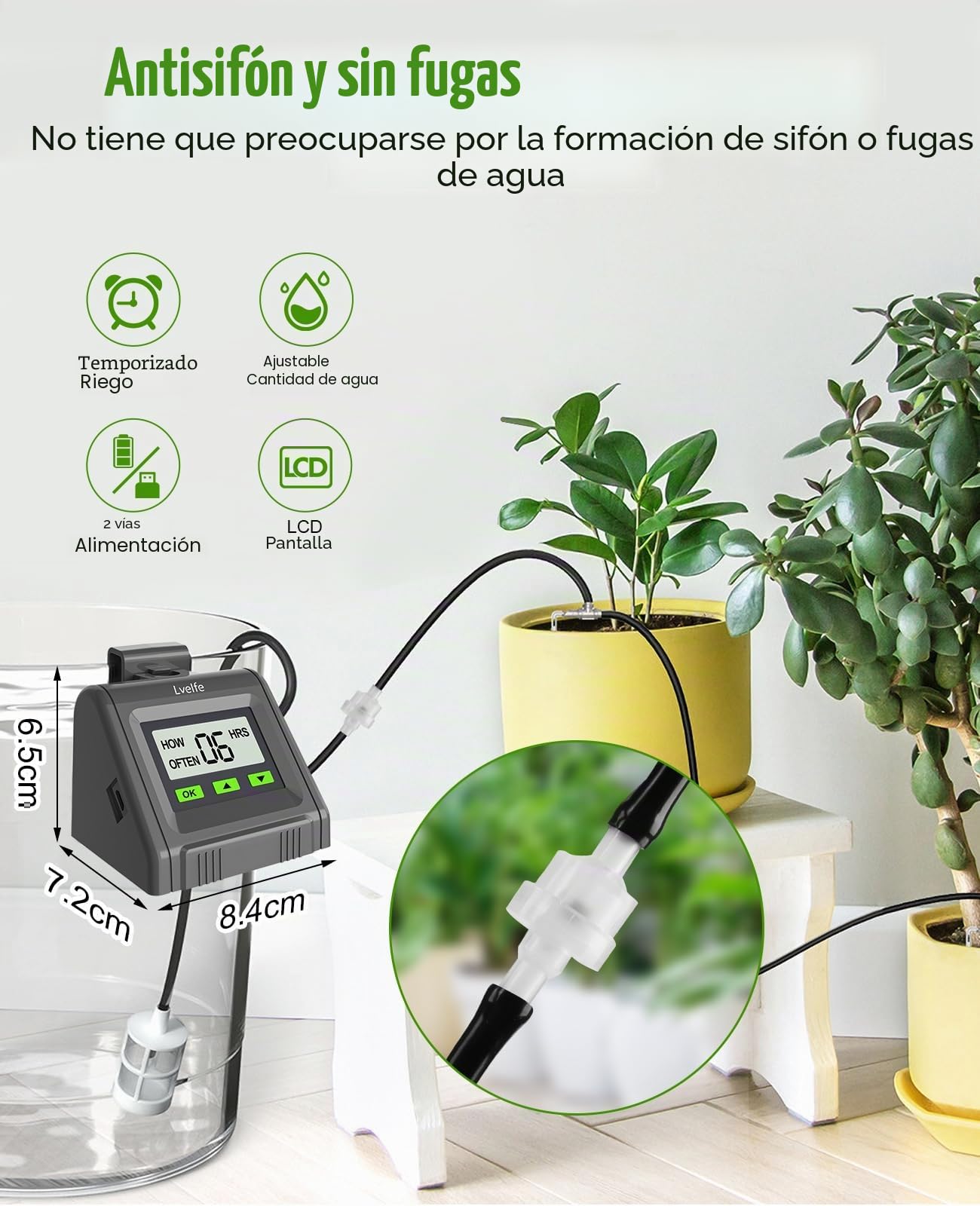 Lvelfe Sistema de riego automático fiable,kit de riego por goteo automático, pantalla LED y alimentación USB,sistema de riego de interior para plantas en maceta