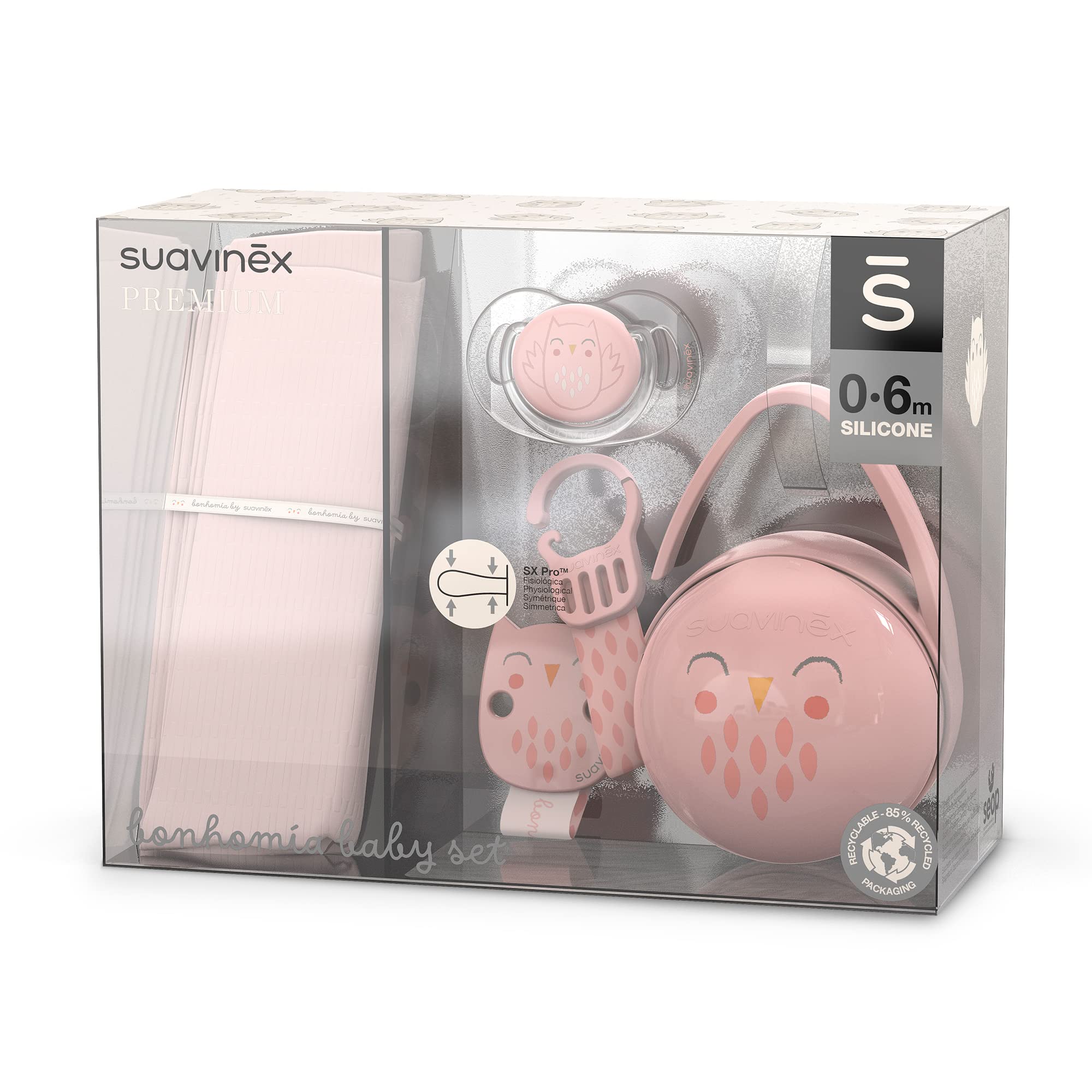 SUAVINEX Suavinex, Regalo Recién Nacido. Set Regalo Bebé con: Muselina de Algodón + Chupete con Tetina Fisiológica SX Pro 0-6 Meses + Broche Pinza + Portachupetes Duo. (4 Pcs). Bonhomia, Rosa