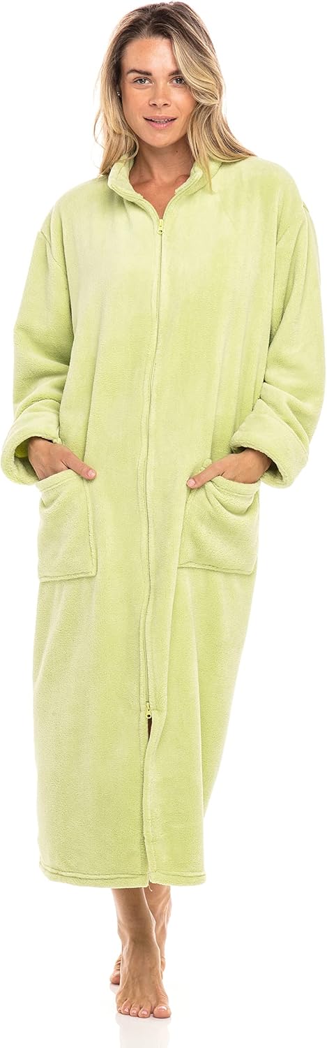 Alexander Del Rossa Womens Robe, Full-Length Fleece Zipper Bathrobe with Two Large Front Pockets, Margarita, Small-Medium