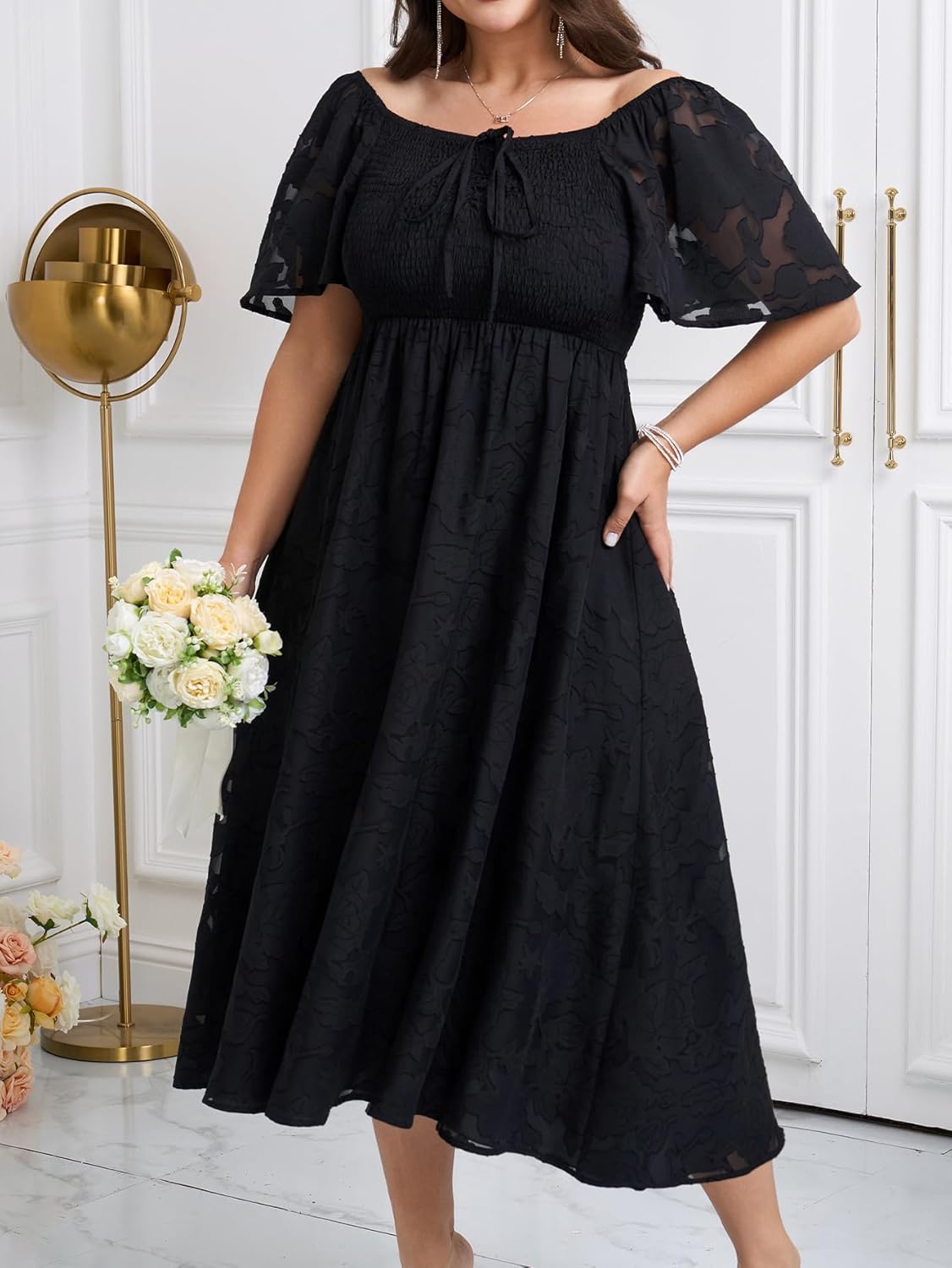 SCOMCHIC Women's Plus Size Formal Dresses Square Neck Short Sleeve Lace Floral Smocked Flowy Long Maxi Wedding Guest Dress - Image 4