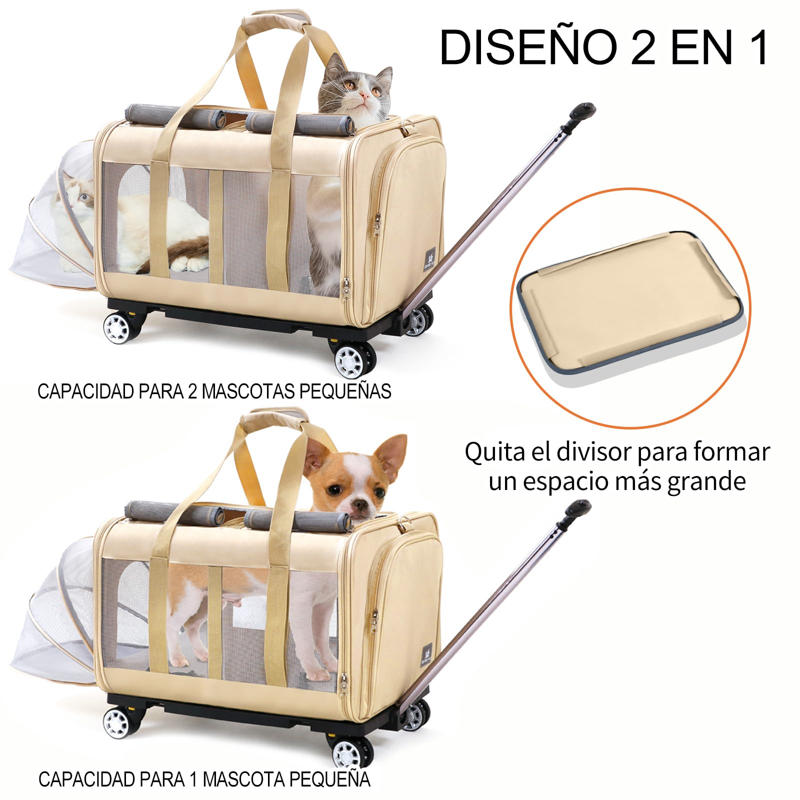 Transportín Doble para 2 Gatos con Ruedas - 2 Compartimentos Independientes,Base Extraíble y Correas de Seguridad - Transpirable - Ideal Viajes en Coche/Veterinario (55x44x33 cm)