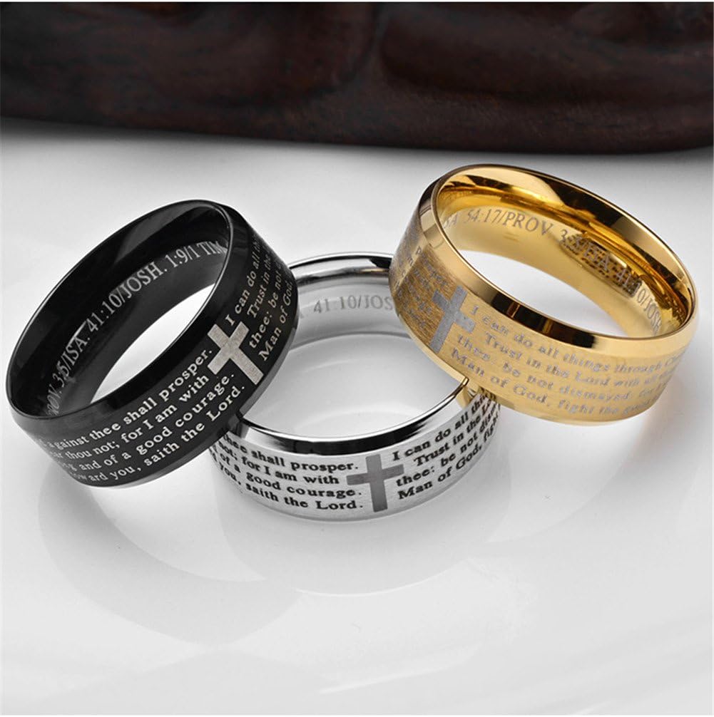 Men's Stainless Steel Bible Verse Christian Lord's Prayer Cross Ring Wedding Bands Engraved Praying