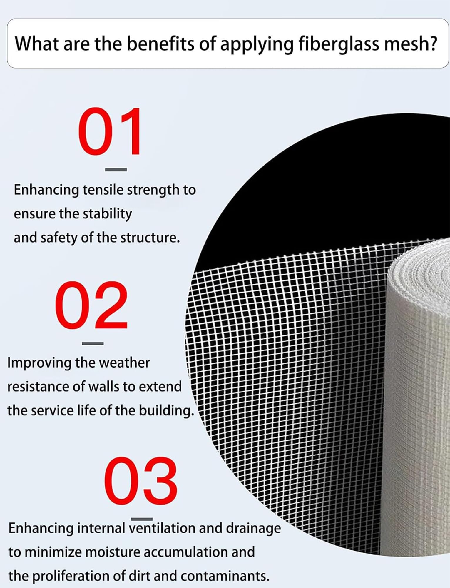 Rete fibra vetro alcalresistente muri/soffitti, resistenza rinforzata | Rete di rinforzo per intonaco, stucco, piastrellatura, riparazione giunti, int/ext(Hole7mm-80g/m²-L26meters)