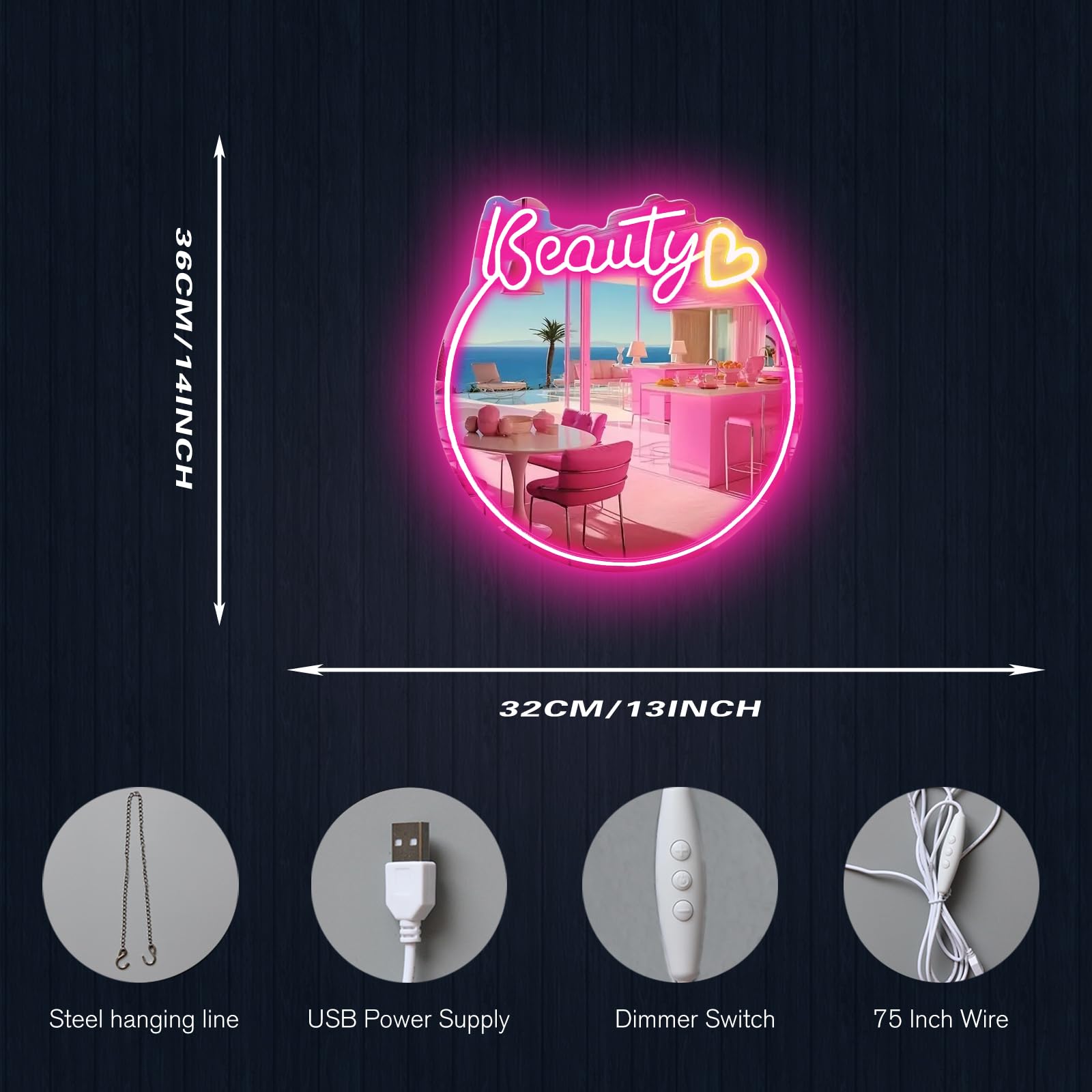 Letrero de neón rosa acrílico LED de luz de neón espejo alimentado por USB para dormitorio, salón de belleza, sala de estar, decoración de habitación de niñas (14 x 13 pulgadas)