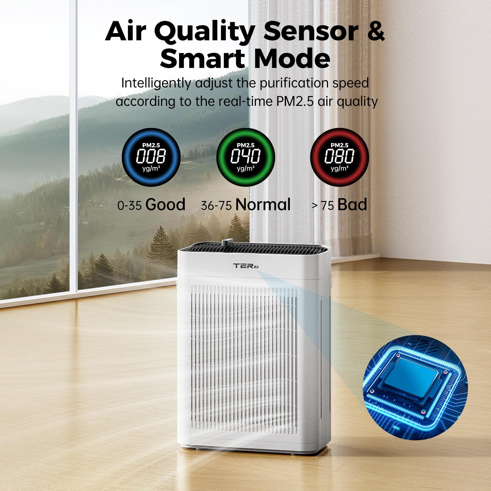 Purificatore d'aria, purificatori d'aria TER per la casa fino a 2400 piedi quadrati con sensori d'aria, ingresso aria su due lati, filtri lavabili all'aria H13 True HEPA, odore, fumo,