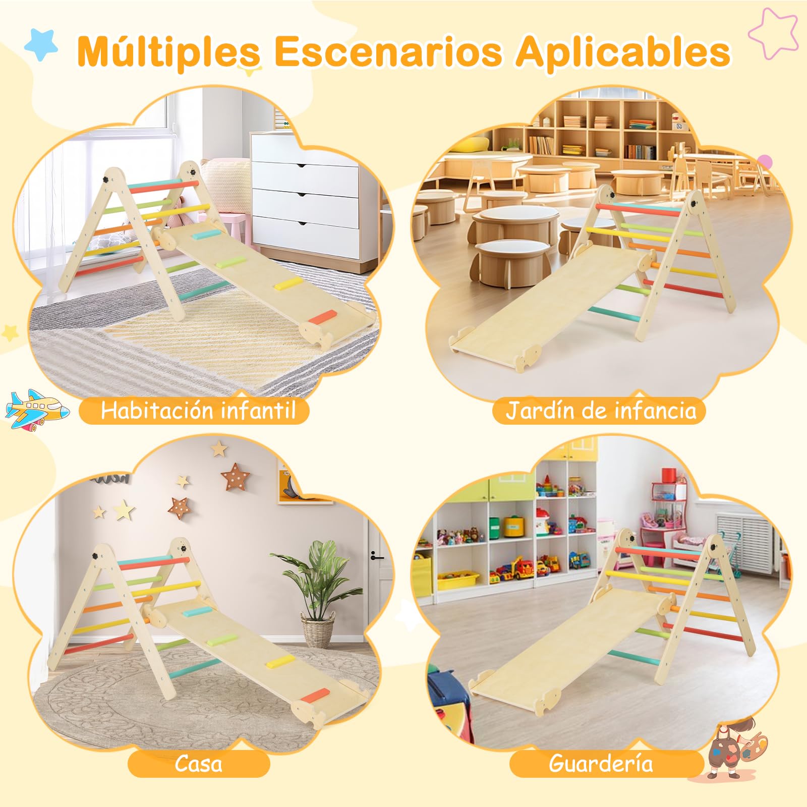 COSTWAY Triángulos de Escalada Plegables y Ajustables 3 en 1, Juguetes Triangulares de Escalada para Niños con Rampa Deslizante, Escalador Triangular de Madera Montessori (Multicolor)