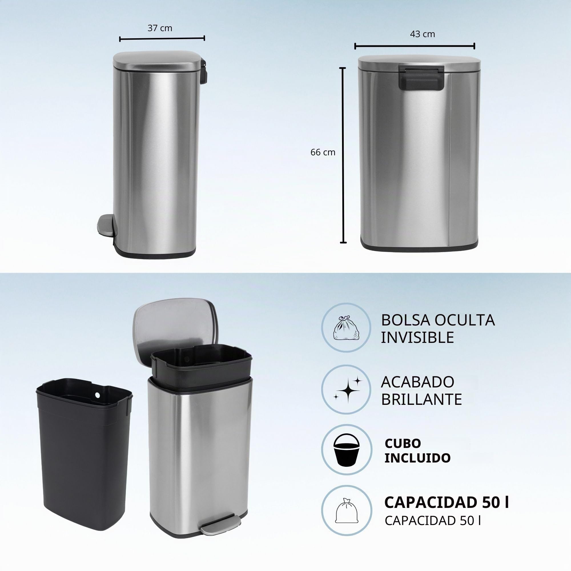 KITCHEN MOVE, Cubo de basura para la cocina a pedal 50 L ADMIRAL Silver