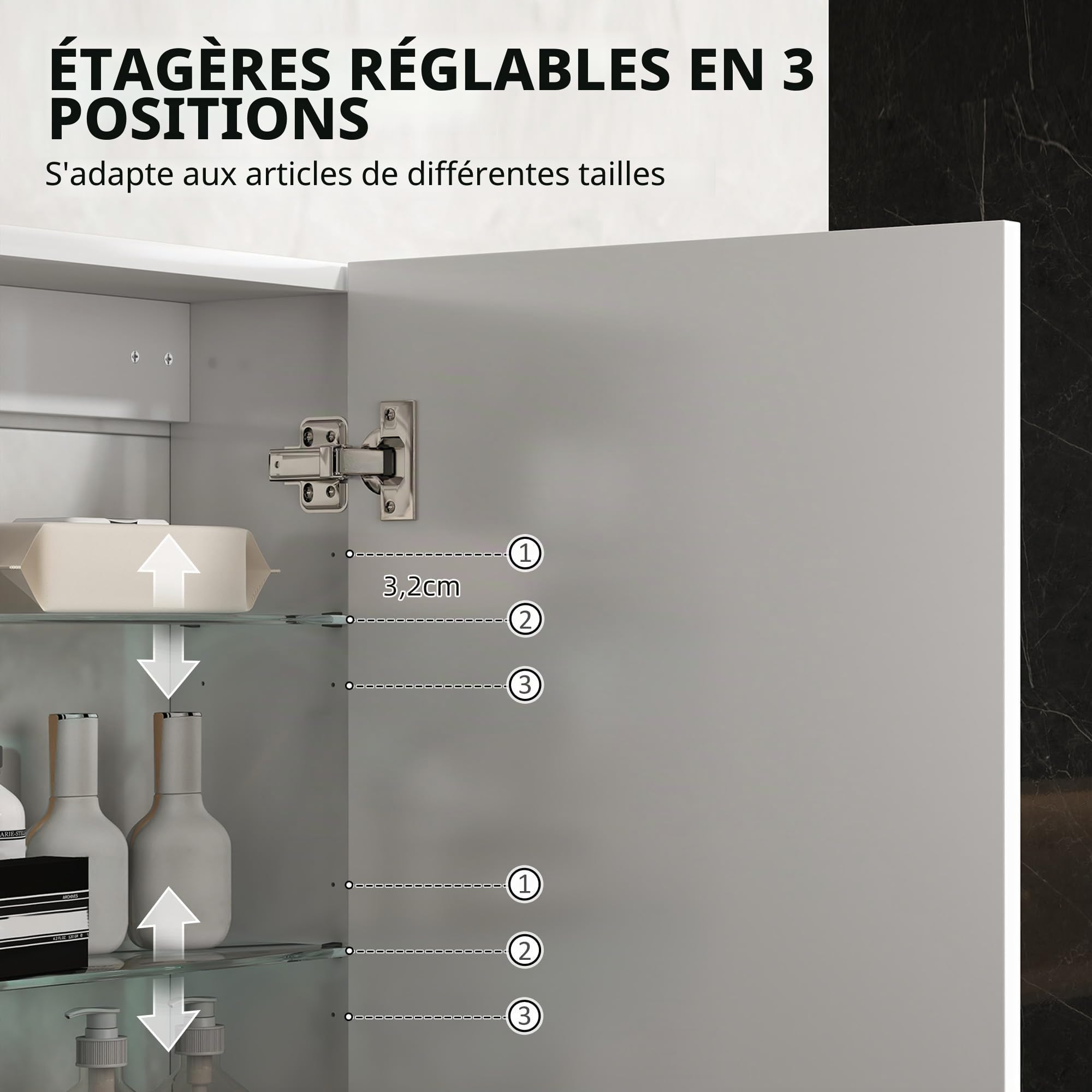 HOMCOM Armoire de Salle de Bain Murale, Meuble de Salle de Bain Suspendu avec étagères réglables en Verre trempé, Gain de Place, pour entrée, 40 x 15 x 55 cm, Blanc Brillant