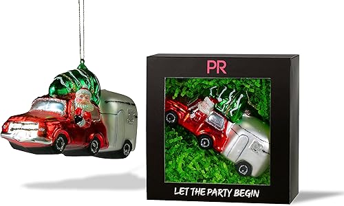 Party Rock Santa y Camper con adorno de cristal para árbol de Navidad Colección Santa Party Rock Santa y Camper con adorno de cristal para árbol de Navidad Colección Santa