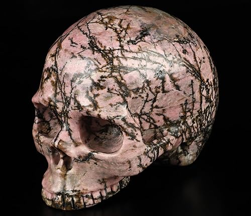 Miniatura 2 de 4.6" rosa y negro rodonita cráneo de cristal, escultura de arte fino tallado a mano de piedras preciosas.2782
