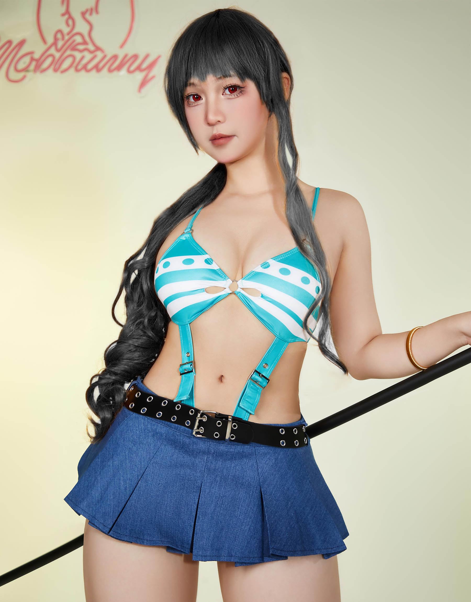 Mobbunny Women Anime Cosplay Bikini Style Lingerie High Cut Out Bodysuit and Mini Skirt Set with Belt Stockings: 1XL2XL Blue