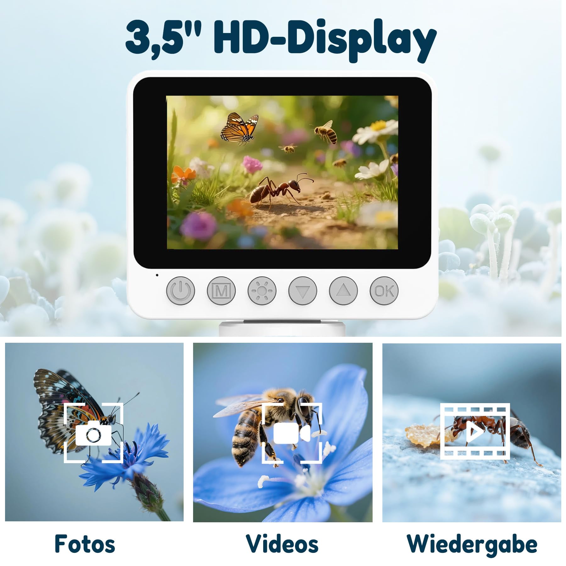 Charmline 3-in-1 Digital Kinder Mikroskop, Geschenk für Kinder ab 6 Jahren, als Handheld oder stationär nutzbar, Indoor & Outdoor Naturbeobachtung, 1000X, inkl. 32GB SD-Karte