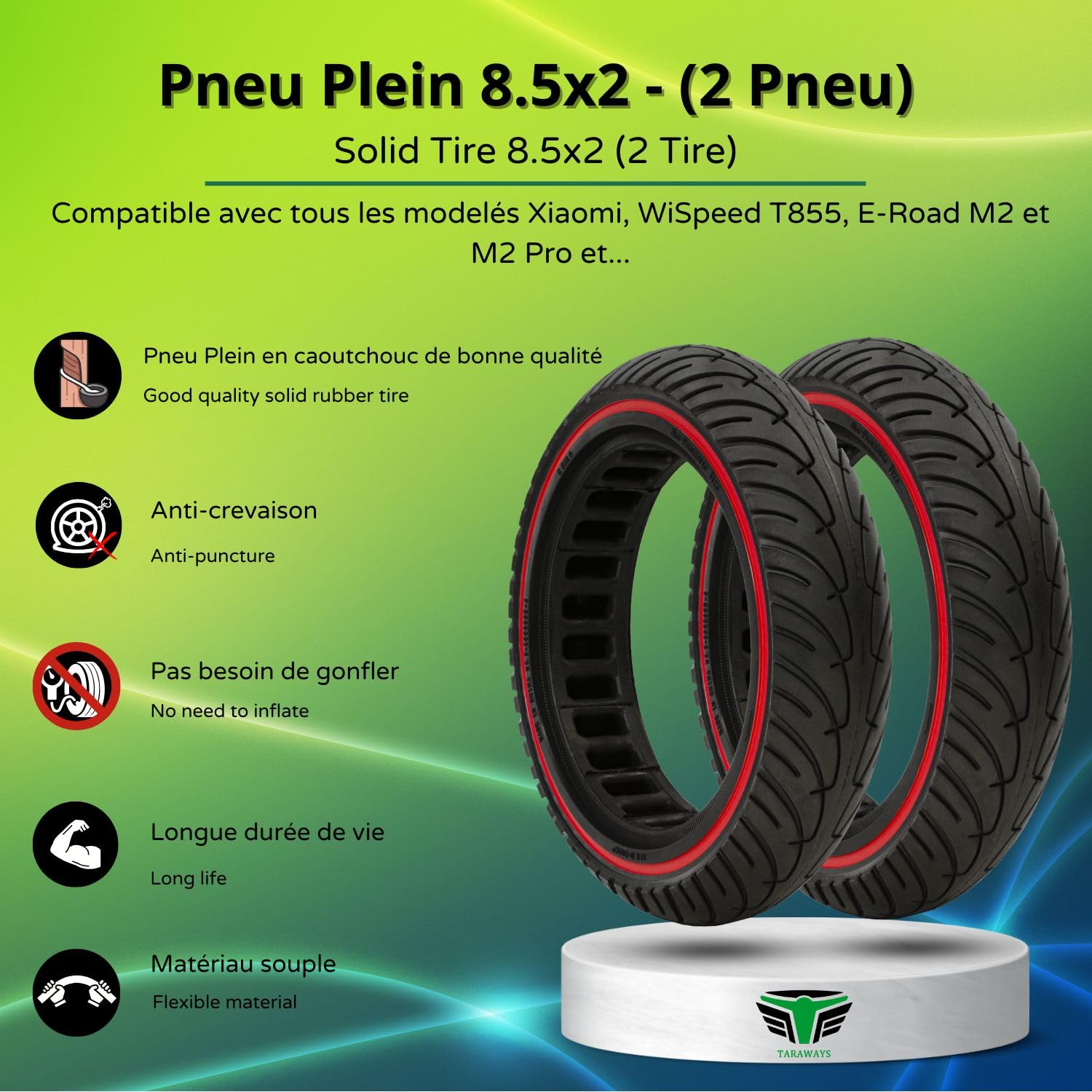 Pneu Plein Anti-Crevaison 8.5x2 Trottinette Electrique Xiaomi, Wispeed (2xTire- Bande Rouge)
