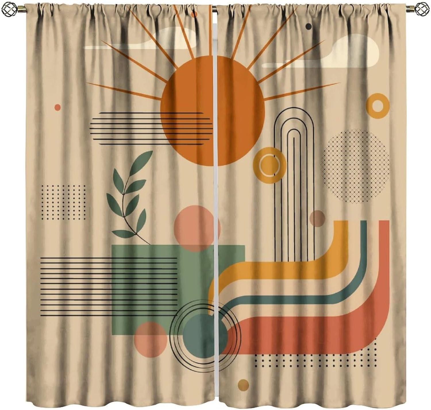 Retro Mid Century Blackout Curtains, Boho Leaf Bohemian Mid Century Abstract Modern Window Drapes, for Living Room Bedroom 42" W X 45" L
