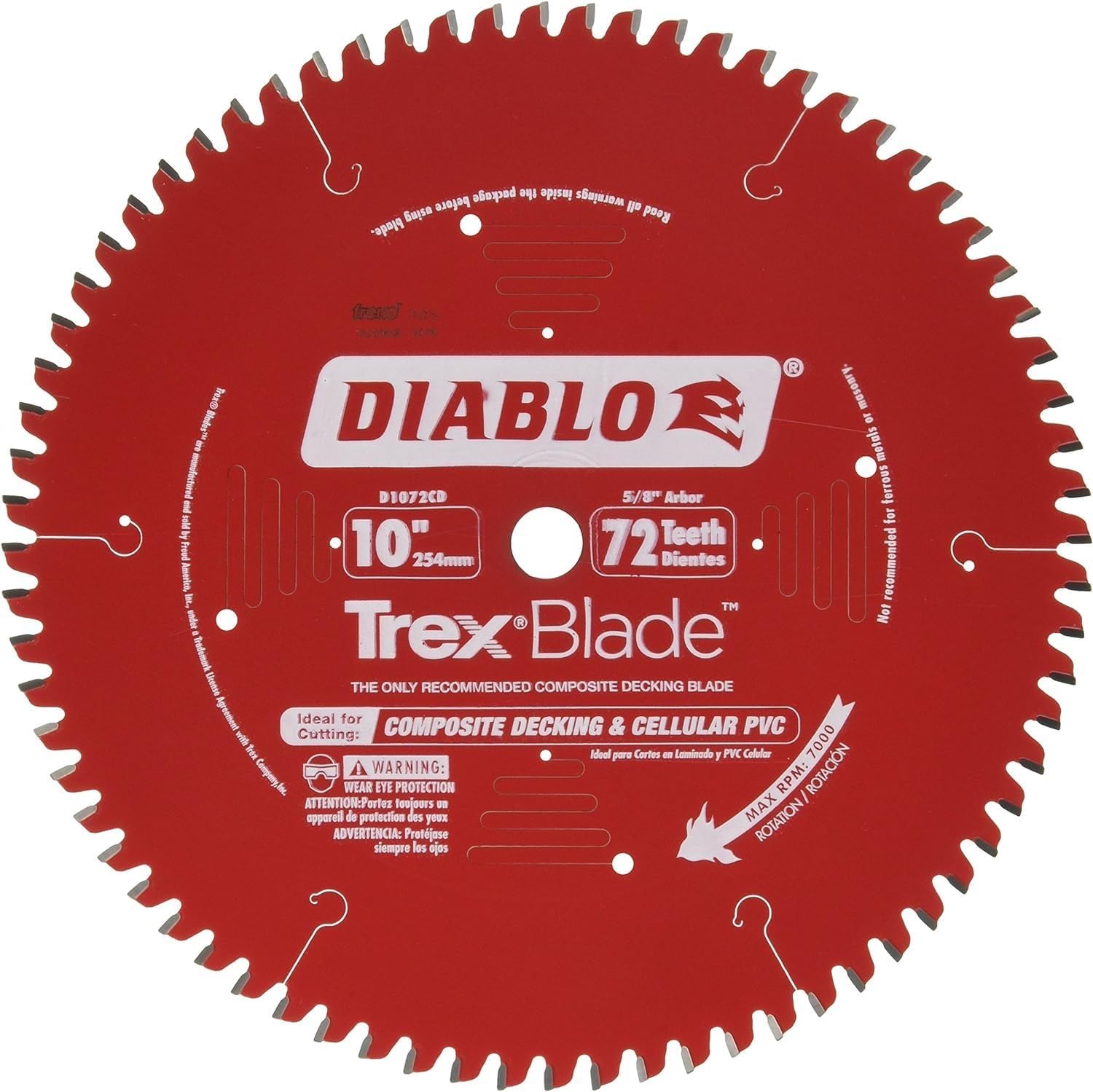 Diablo TrexBlade Saw Blade for Composites and Plastic - 10" Diameter, 72 MTCG Teeth, 5/8" Arbor, .102" Kerf, -3° Hook Angle, .071" Plate, 6000 Max RPM - D1072CD