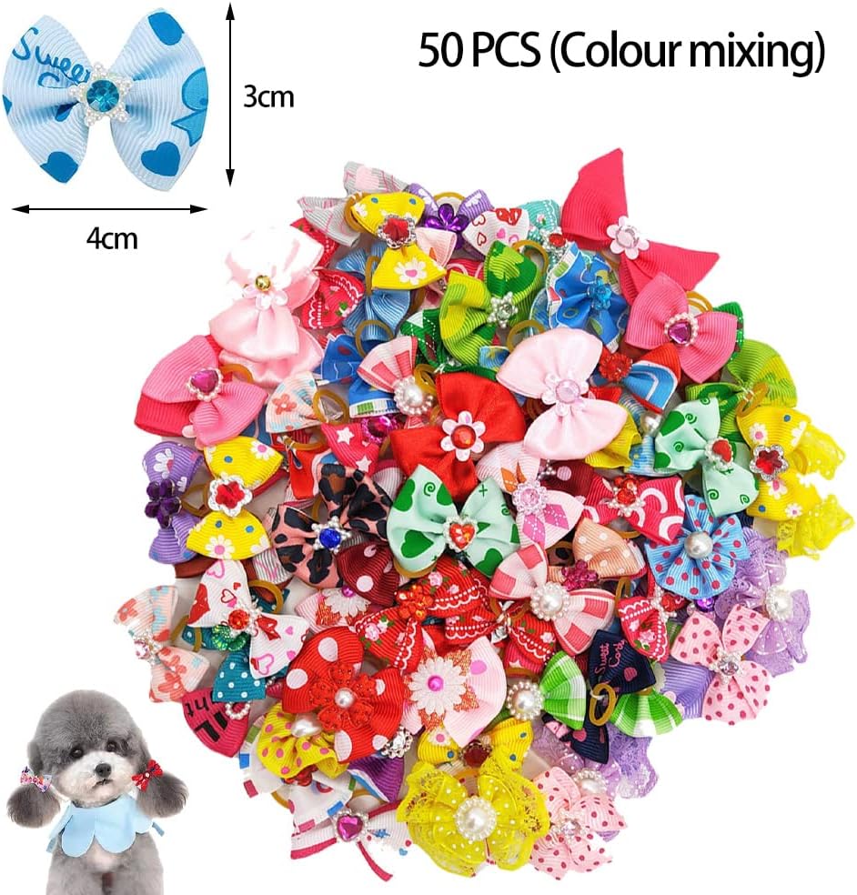50 Pieces Dog Hair Bows, Bows for Small Dogs with Bands, Dog Hair Bows Accessories for Cats and Puppies, Random Motif 8