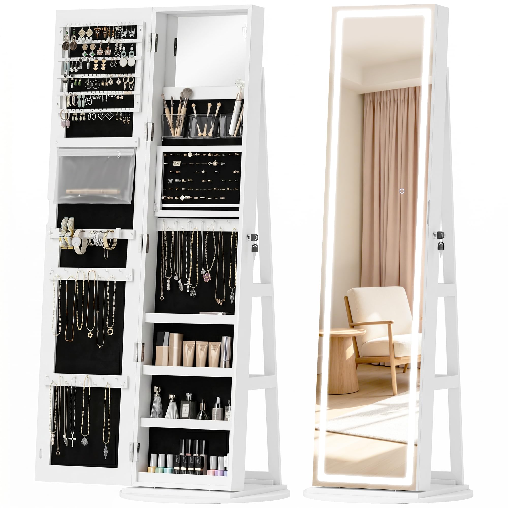 Homcom Jewellery Cabinet, Full Length Mirror With Storage, White