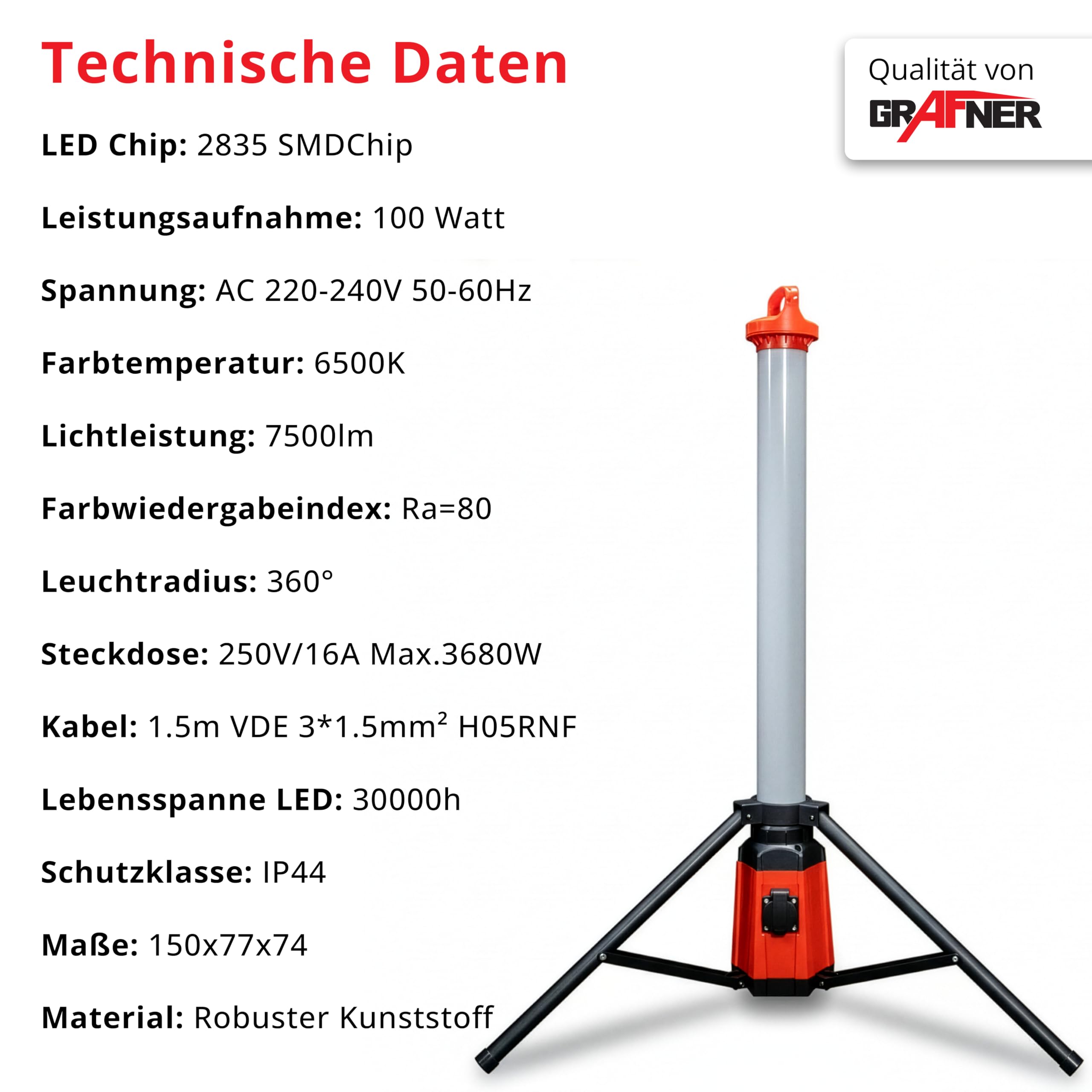 Grafner Profi LED Tower Baustrahler mit Steckdose und Stativ, 360° 7500 Lumen, 100 Watt, Höhe: 150 cm, IP44, 6500K Tageslichtweiß, Arbeitsleuchte Baustellenstrahler 360 Grad rundum Arbeitslampe Turm