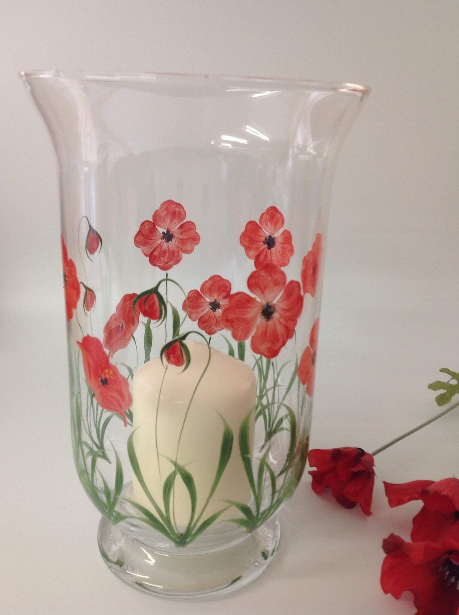Rossvar Hand Painted Hurricane Vase Red Poppy Design