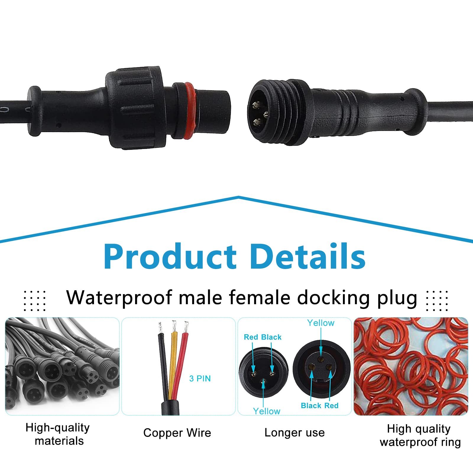 GZLFH Conectores estancos, 8 Pares de enchufes de 3 Pines, Conectores Impermeables IP65 con Cable de extensión 16AWG 20CM para focos solares, lámparas de jardín, Tiras de luz LED - 2