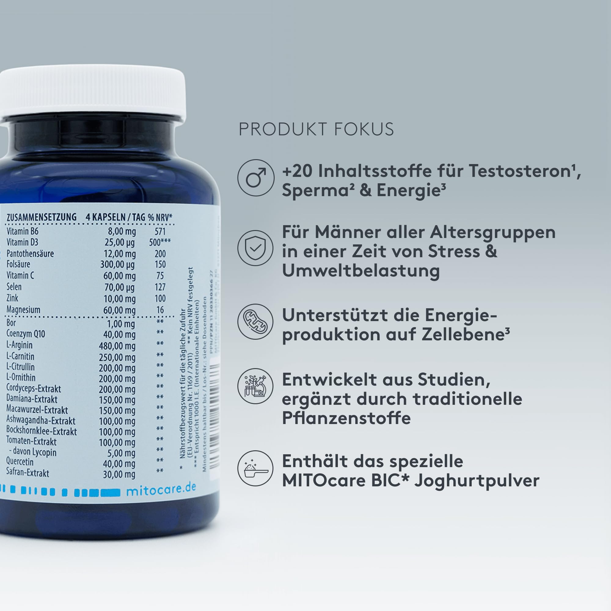 MITOcare Male Vitality Formula - Ganzheitlicher Männer-Komplex mit Zink, Selen, Magnesium, Arginin, Citrullin, Maca & Coenzym Q10 – Testosteron, Energie – 120 Kapseln
