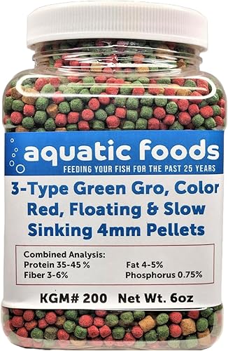 Aquatic Foods Inc. Mezcla de 3 tipos de pellets flotantes GRO verde y color rojo y 40% de proteínas de hundimiento lento de 0.157 in para todos los