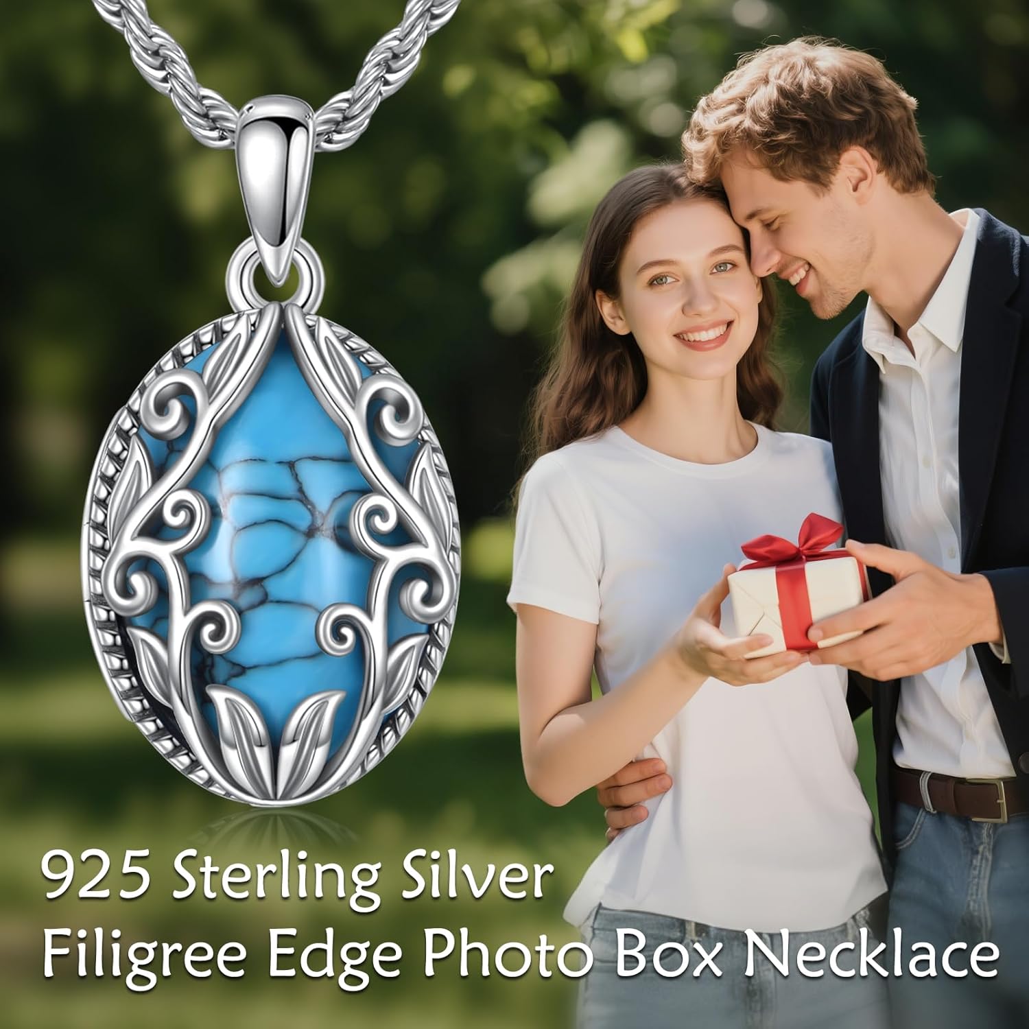 Turquoise Locket Necklace 925 Sterling Silver Filigree Locket Pendant That Holds Pictures Photo Necklace Memory Jewelry Gifts For Women - Image 6