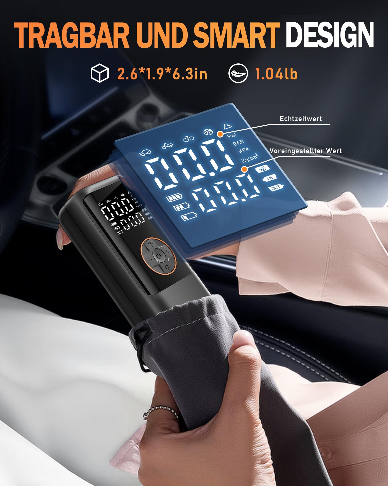 Elektrische Luftpump mit Akku, Tragbar Mini Kompressor mit Manometer & Doppelt-LED-Anzeige, 12V DC Elektrische Fahrradpumpe für Autos, Motorräder, Fahrräder und Bälle
