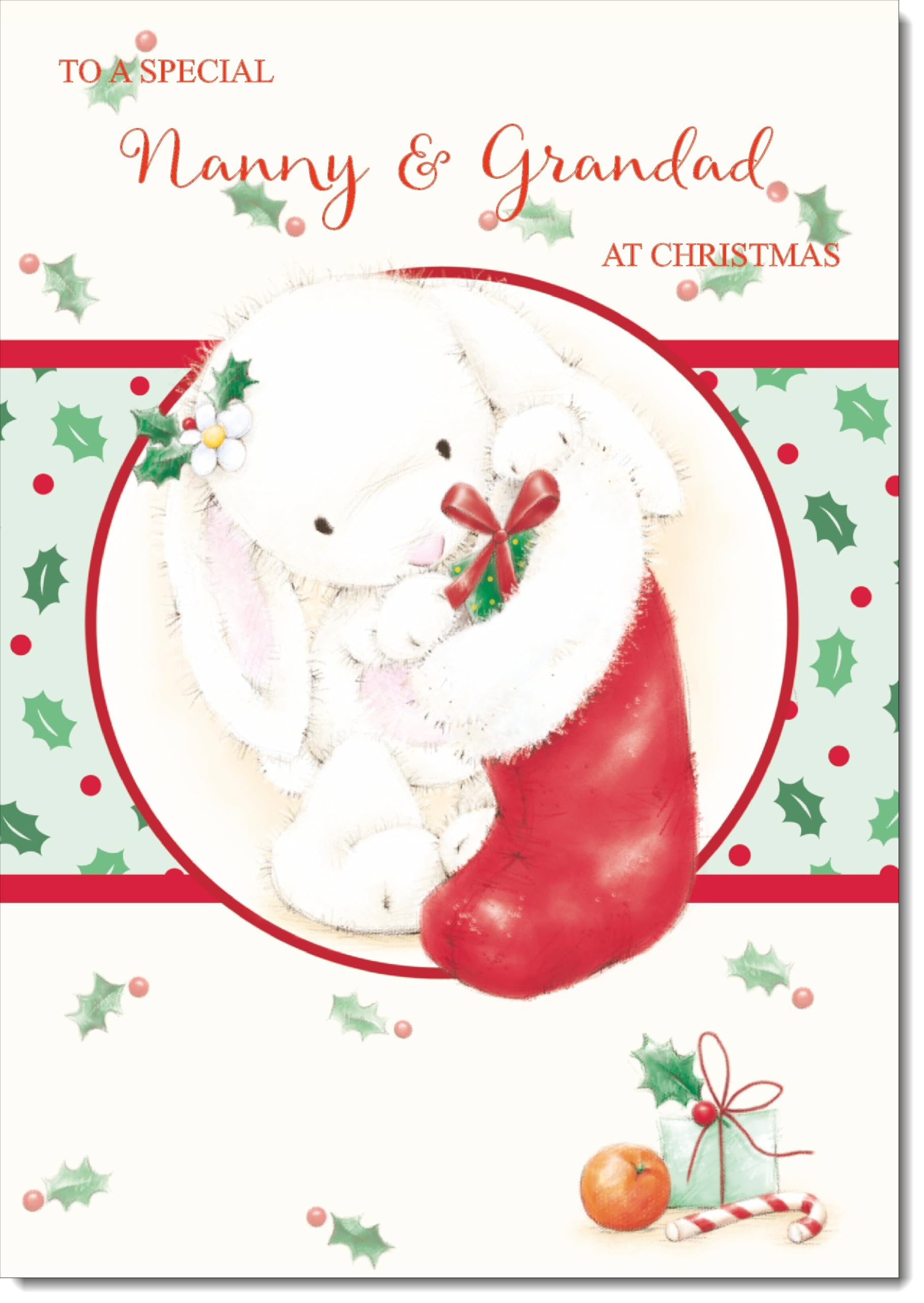 doodlecards Nanny and Grandad Christmas Card Cute Rabbit with Stocking Large A4 Size Christmas Card for Nanny & Grandad with Plain Envelope