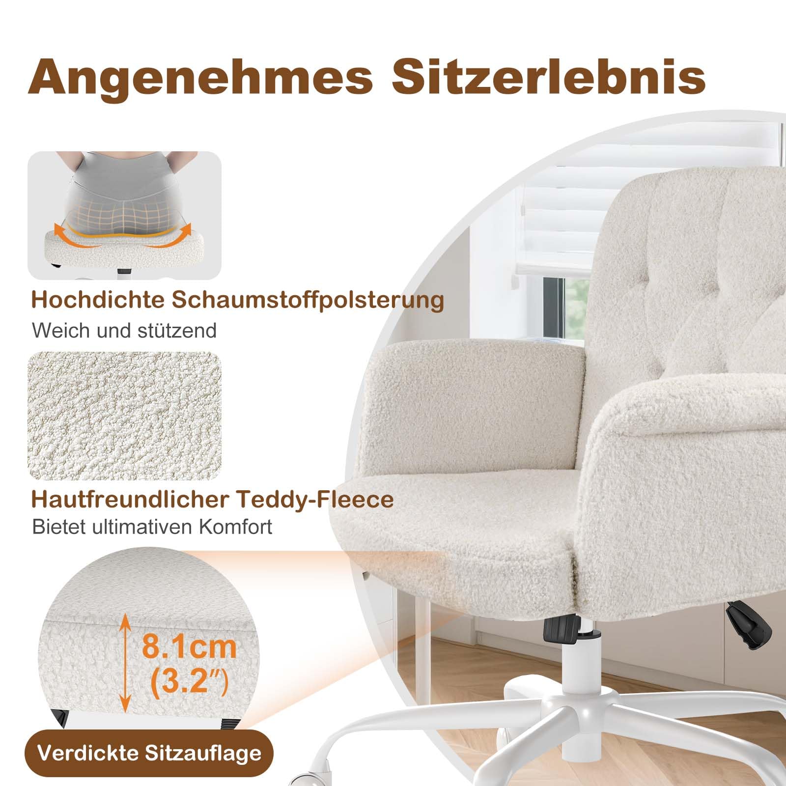 Hausarbeitssessel, bequemer gepolsterter Schminkstuhl mit Rollen und Armlehnen, süßer Verstellbarer Drehstuhl aus Teddy-Velours für Wohnzimmer, Schlafzimmer, Make-up und Salon, Weiß