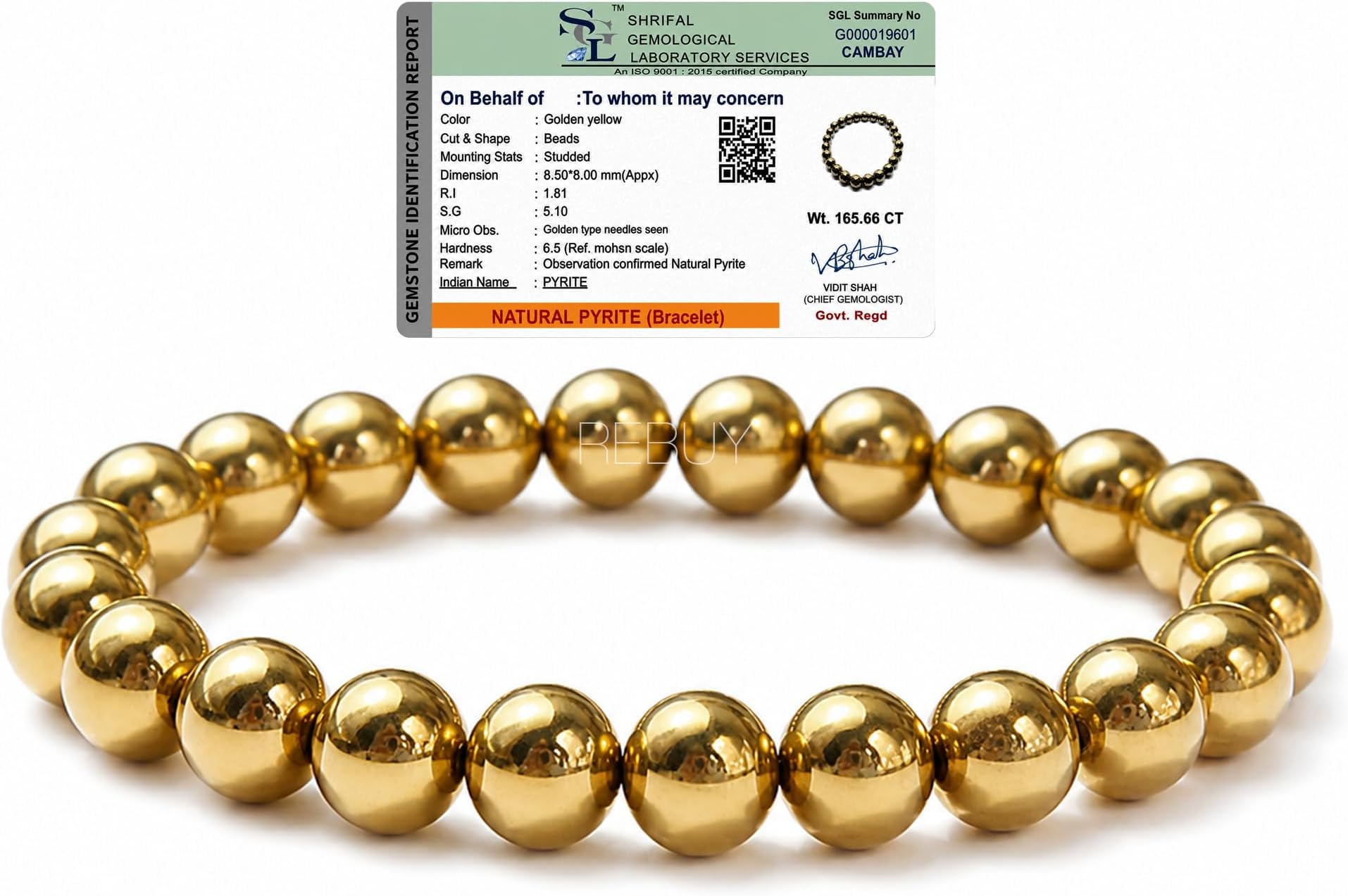 Golden Pyrite Money Wealth Bracelet Natural Gemstone Chakra Bracelet Reiki Healing Jewelry for Men & Women, Bead Size 8 mm, Color Golden, Certified