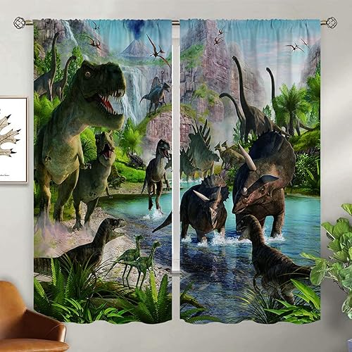 Miniatura 5 de Cortinas opacas de dinosaurios 3D para decoración del hogar, grupo de dinosaurios en el bosque primitivo, con bolsillo para barra, cortinas