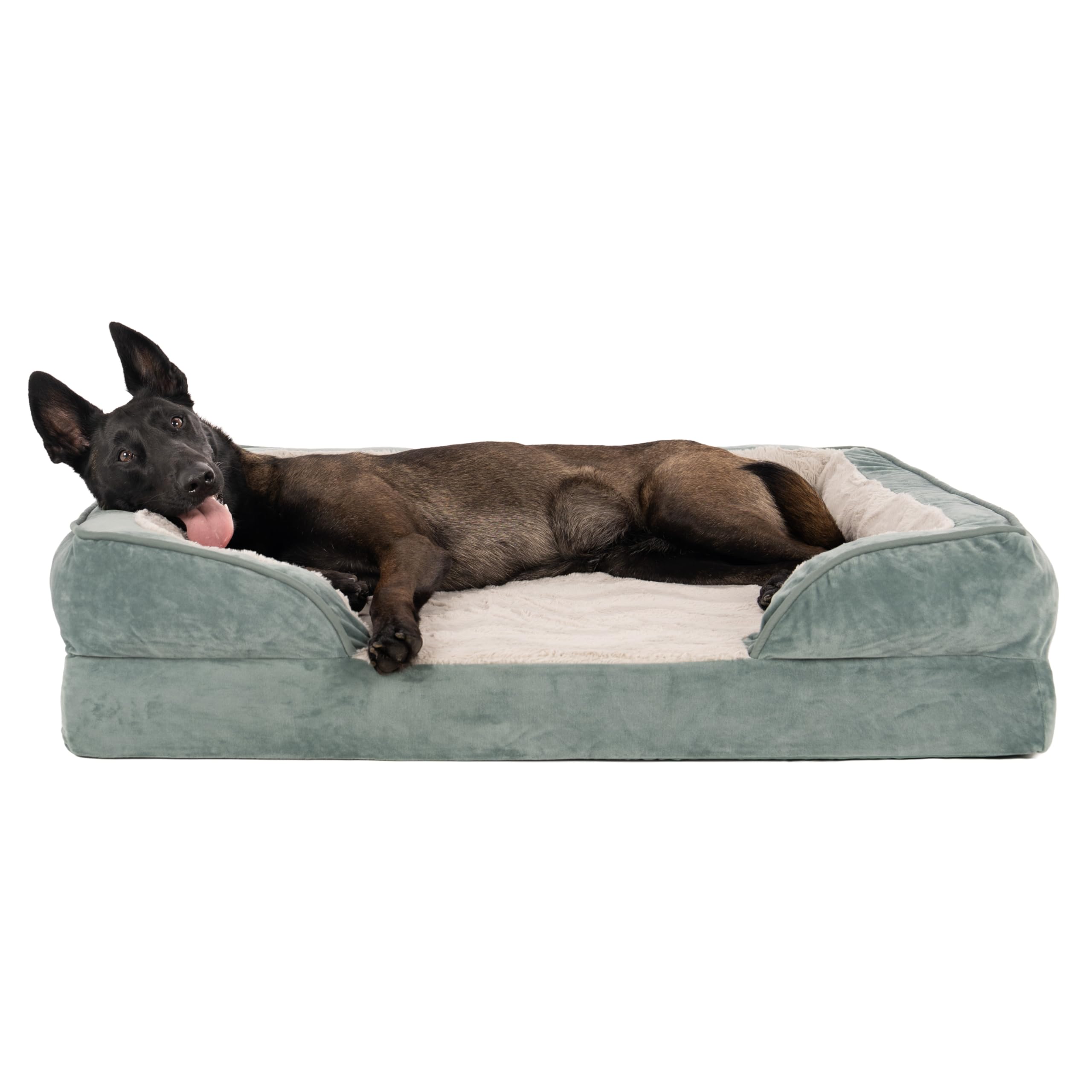 Amazon | FurHaven (ファーヘイブン) 冷却ジェル 犬用ベッド 大型犬用 取り外し可能なボルスター&洗えるカバー付き 最大95ポンドの犬用  フラシ天&ベルベットウェーブ パーフェクトコンフォートソファ - セラドングリーン ジャンボXL | FurHaven | ベッド・クッション 通販