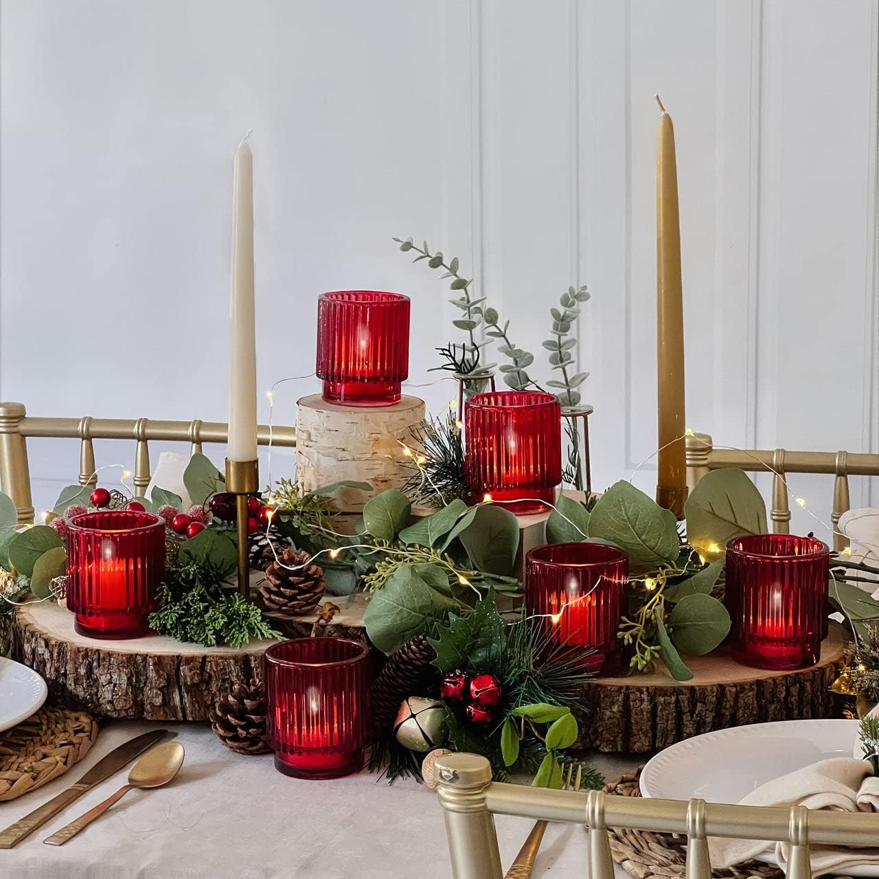 Kate Aspen 24PCS Vintage Ribbed Red Glass Tealight & Votive Candle Holders, Fall Decor, Boho Decor, Shelf Decoration for Wedding, Bachelorette, Bridal Shower & Anniversary