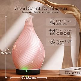 Porseme 280ml Essential Oil Diffuser Glass Color Changing Aroma Air Diffusers Aromatherapy Ultrasonic Cool Mist Humidifier 7 Running Hours Waterless Auto-Off for Sleeping, Yoga, Spa (Pure Pink)