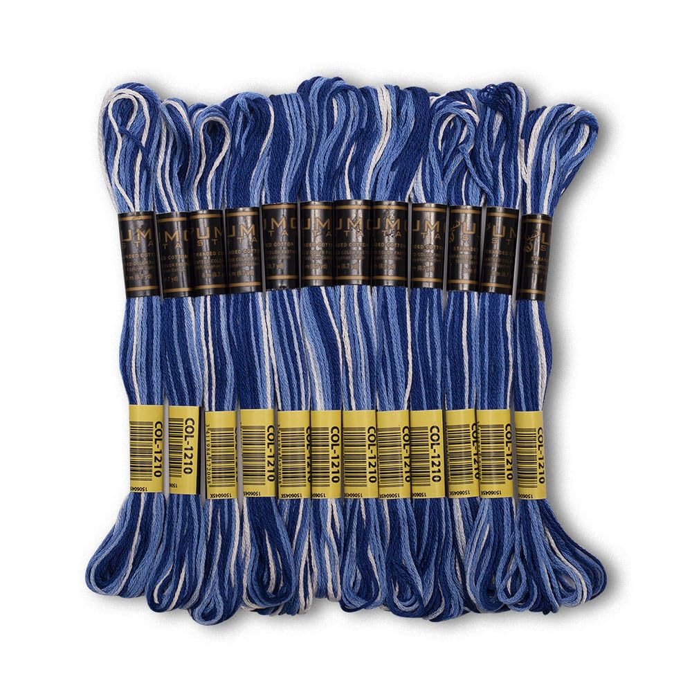Paquete de 12 hilos de bordado de alta calidad, madejas 100% algodón egipcio de primera calidad, hilo de bordado de punto de cruz, certificado Oeko TEX, ideal para artes y manualidades (azul