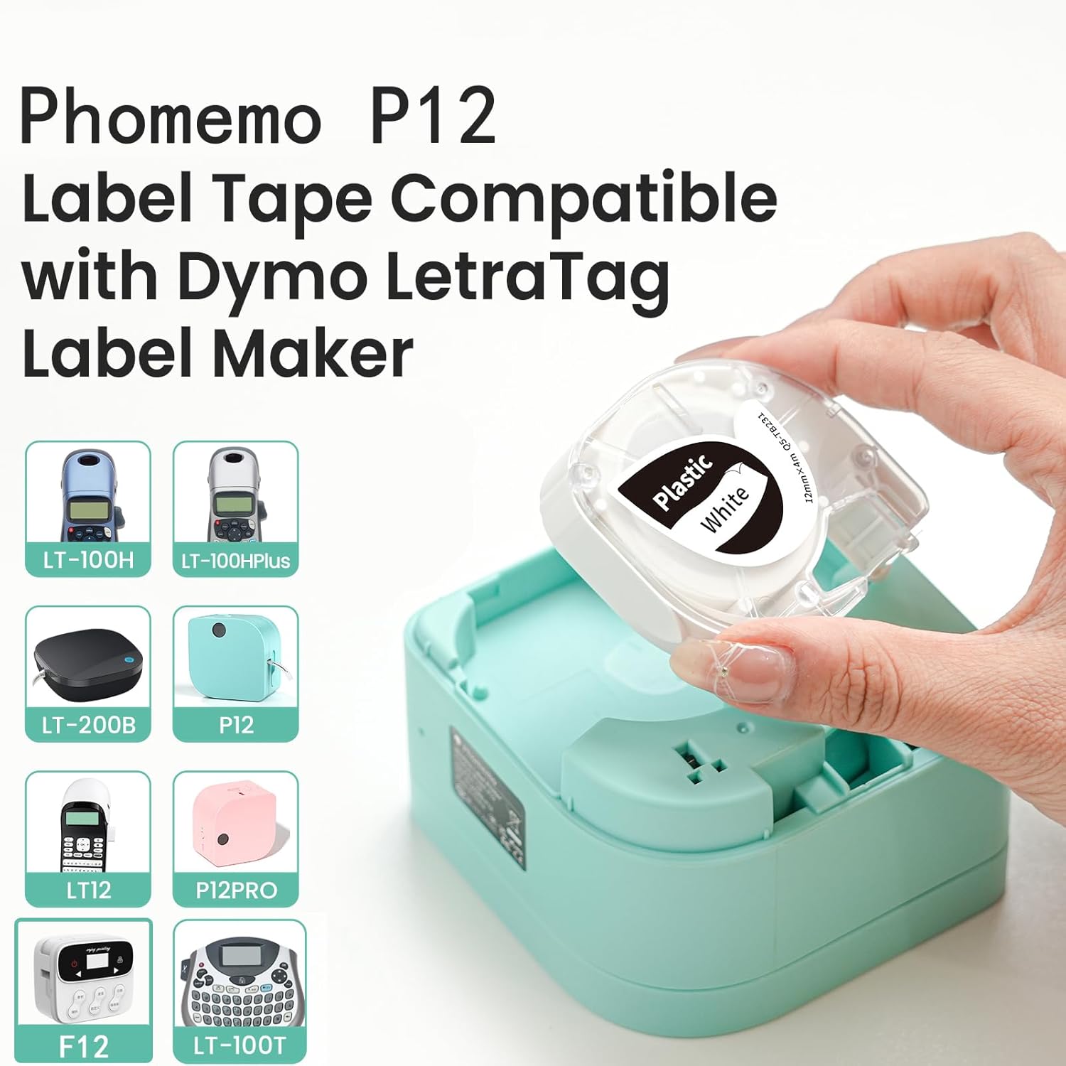 A hand inserting a Phomemo label tape cassette into a label maker.