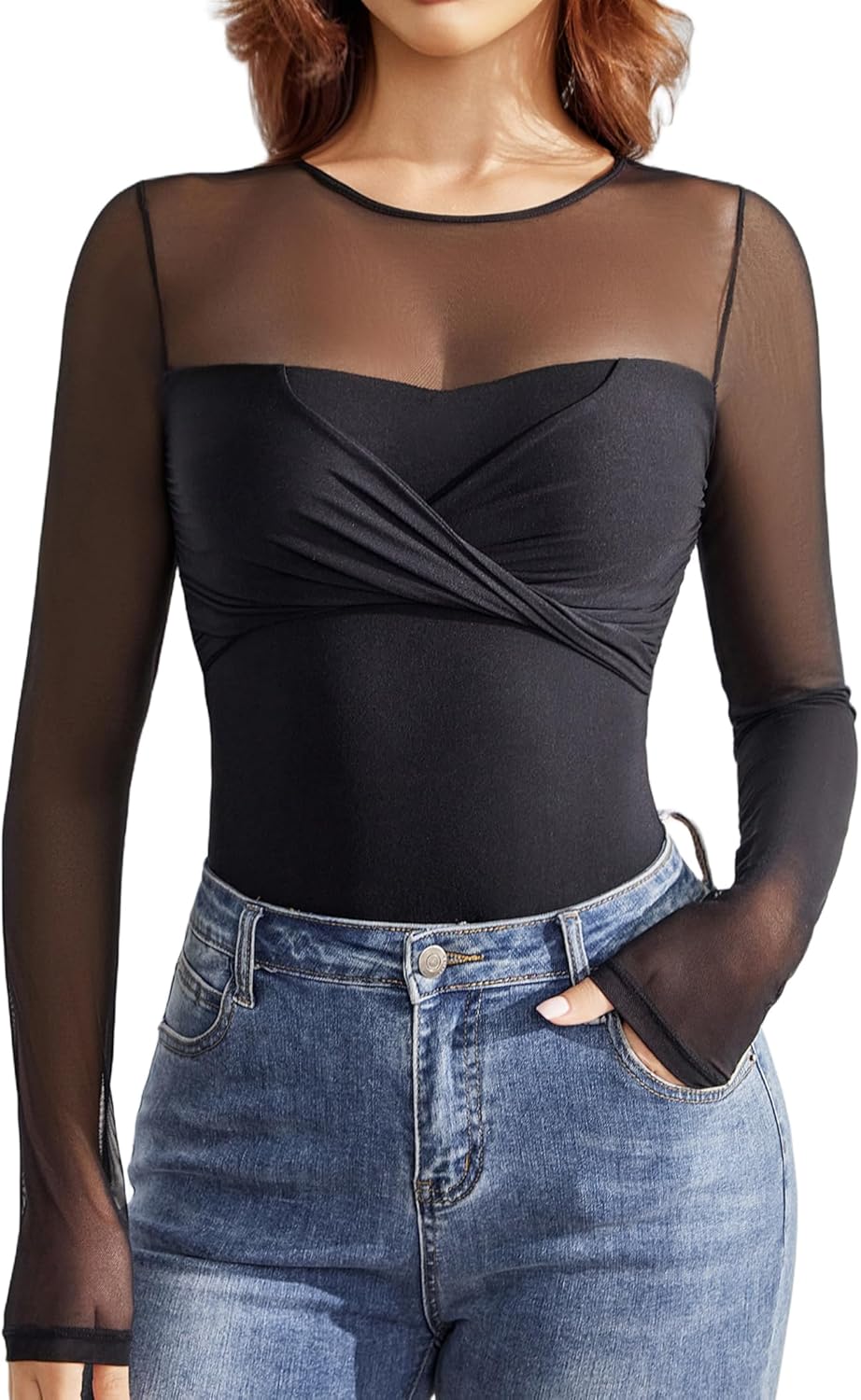 Avidlove Bodysuits for Women Long Sleeve Crew Neck Body Suit One Piece Sheer Leotard Twist Knot Going Out Tops