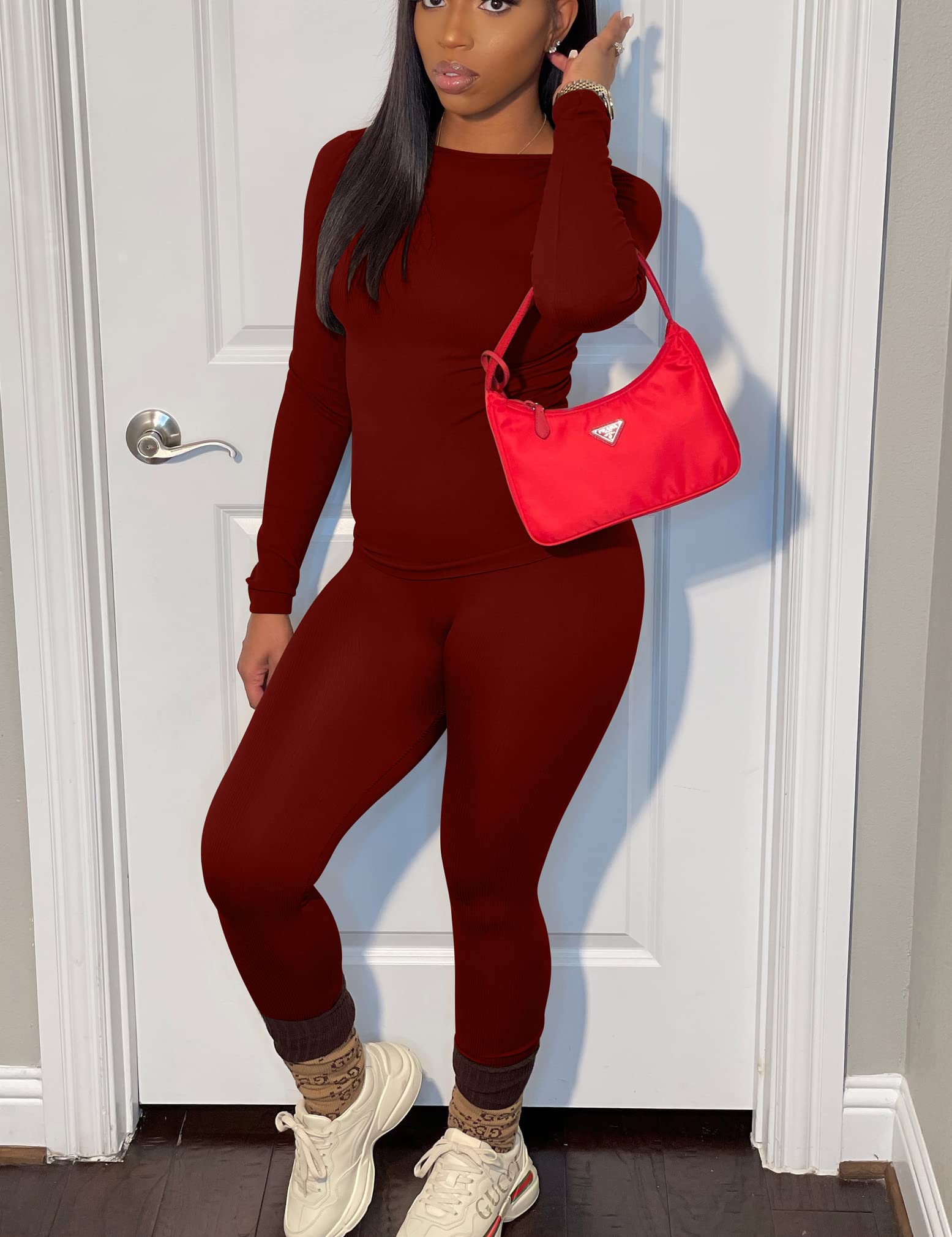 BORIFLORS Damskie 2-częściowe stroje treningowe z długim rękawem top jogger legginsy zestawy, czerwony (wine red), L