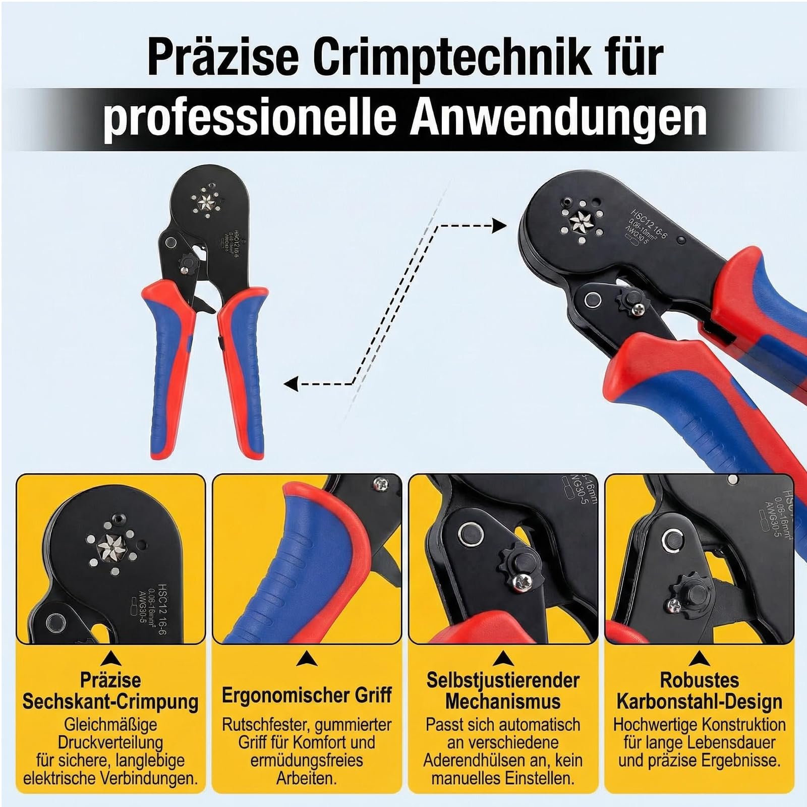 Crimpzangen-Set 0,08–16 mm² mit 1500 Aderendhülsen | Selbsteinstellend; gehärteter Stahl; für Einzel- und Doppeladerendhülsen; Elektroinstallation und Schaltschrankbau