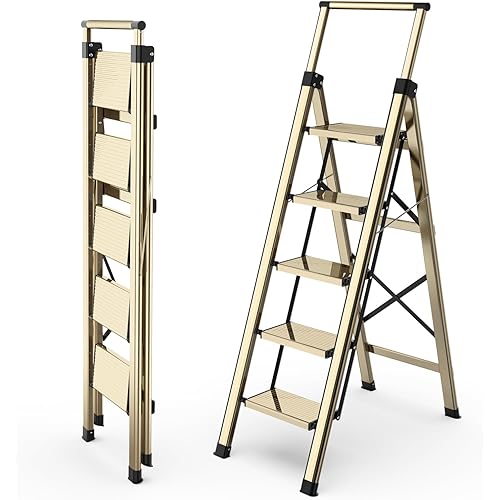 HBTower Step Ladder 5 Step Ladder Folding Aluminum Step Ladder with Wide Pedal,Portable Lightweight Step Ladder with Handgrip Stepladder for Home, Kitchen, Gold