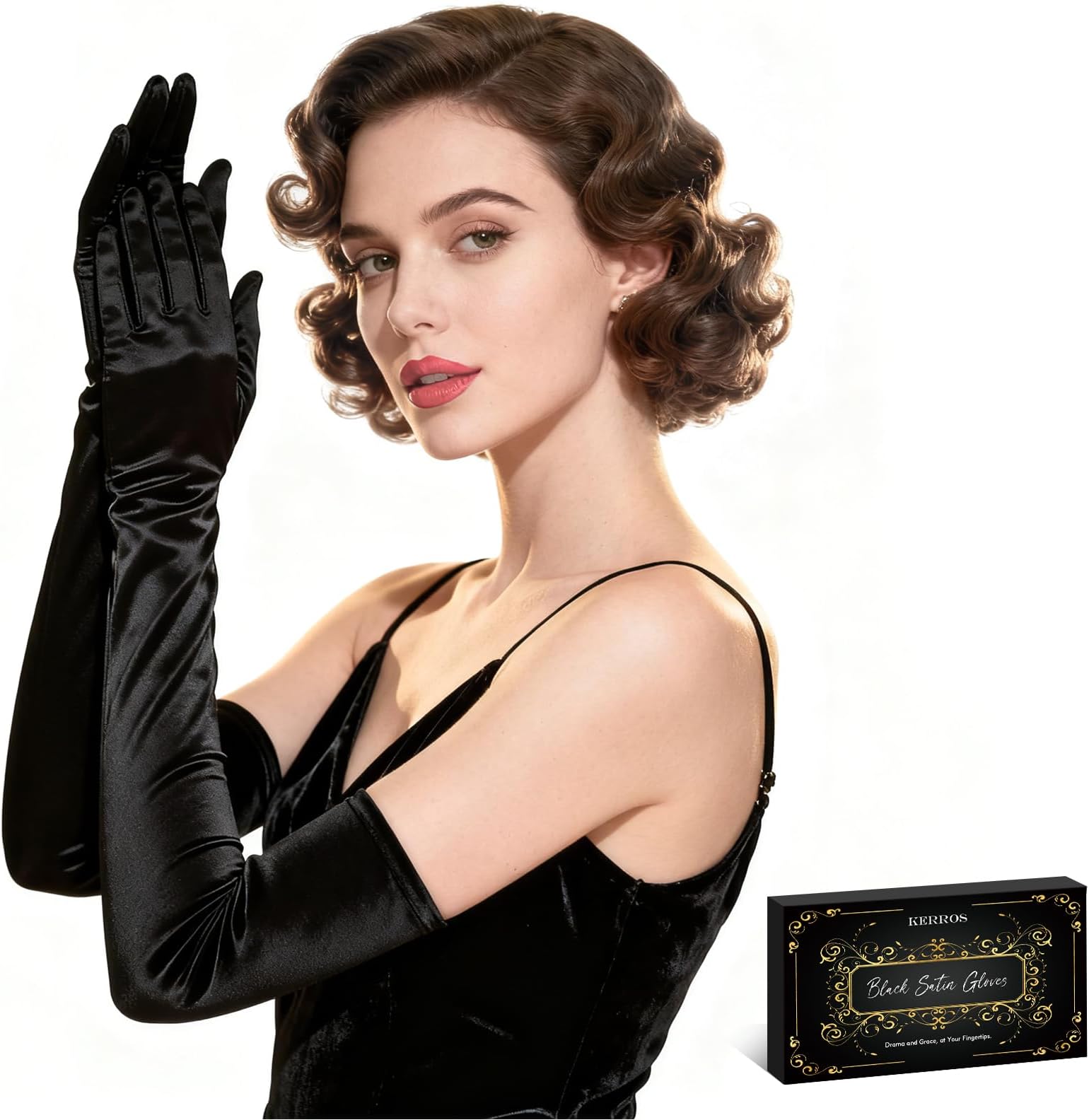 Long Black Gloves Women Formal, 1920s Black Opera Gloves Costume, Elbow Length Stretchy Satin Gloves for Wedding, Tea Party, Prom, Flapper Accessories