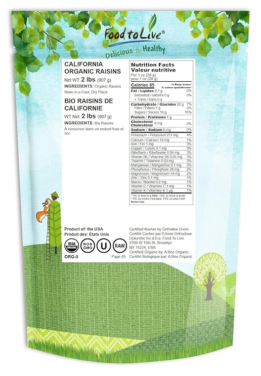 Amazon Com California Organic Raisins 2 Pounds Thompson Seedless Select Sun Dried Non Gmo Kosher Unsulphured Bulk No Oil Added