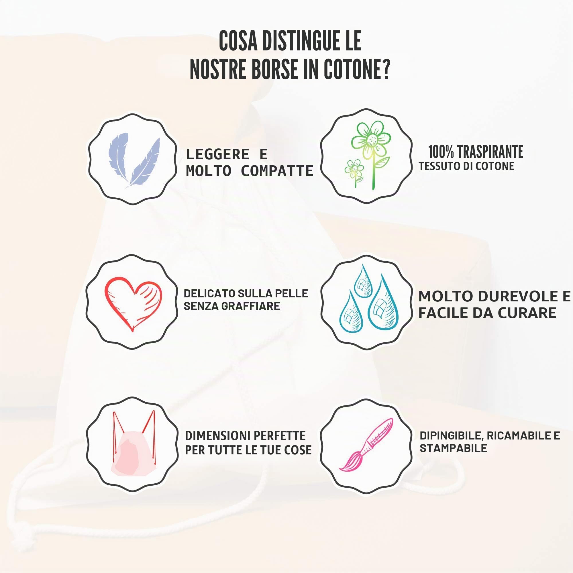 ELES VIDA Borsa da palestra in cotone 25 pezzi 38x42cm - Borsa sportiva - Zaino Borsa in tela, Borsa in tela certificata OEKO-TEX® Borsa per la spesa Sacca da palestra Sacca per set di pittura
