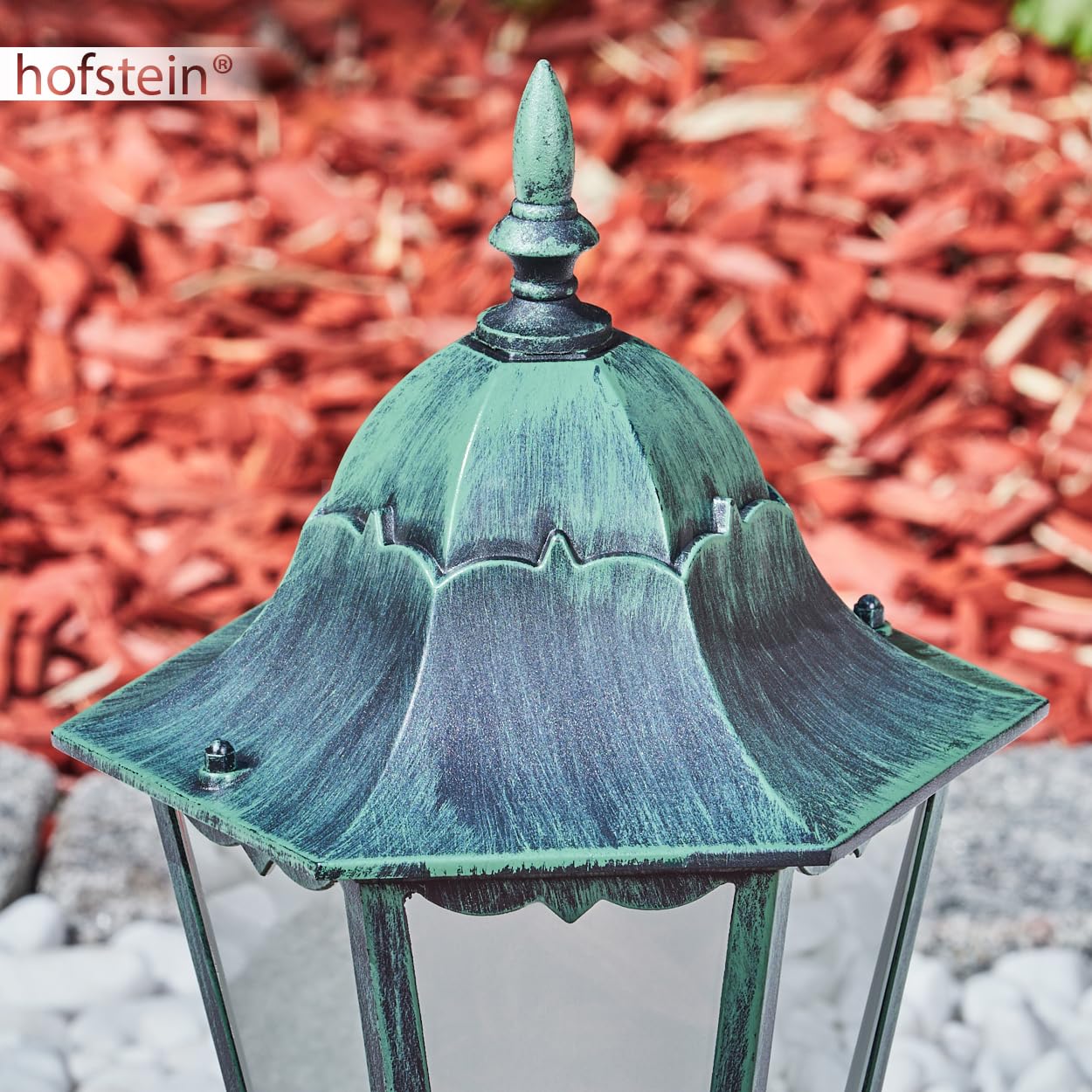 Lampe d'allée extérieure Hongkong, lampe de socle en métal/verre en noir-vert/verre laiteux, lampe d'allée, 50 cm IP44, 1 x E27, ampoule(s) non incluse(s)