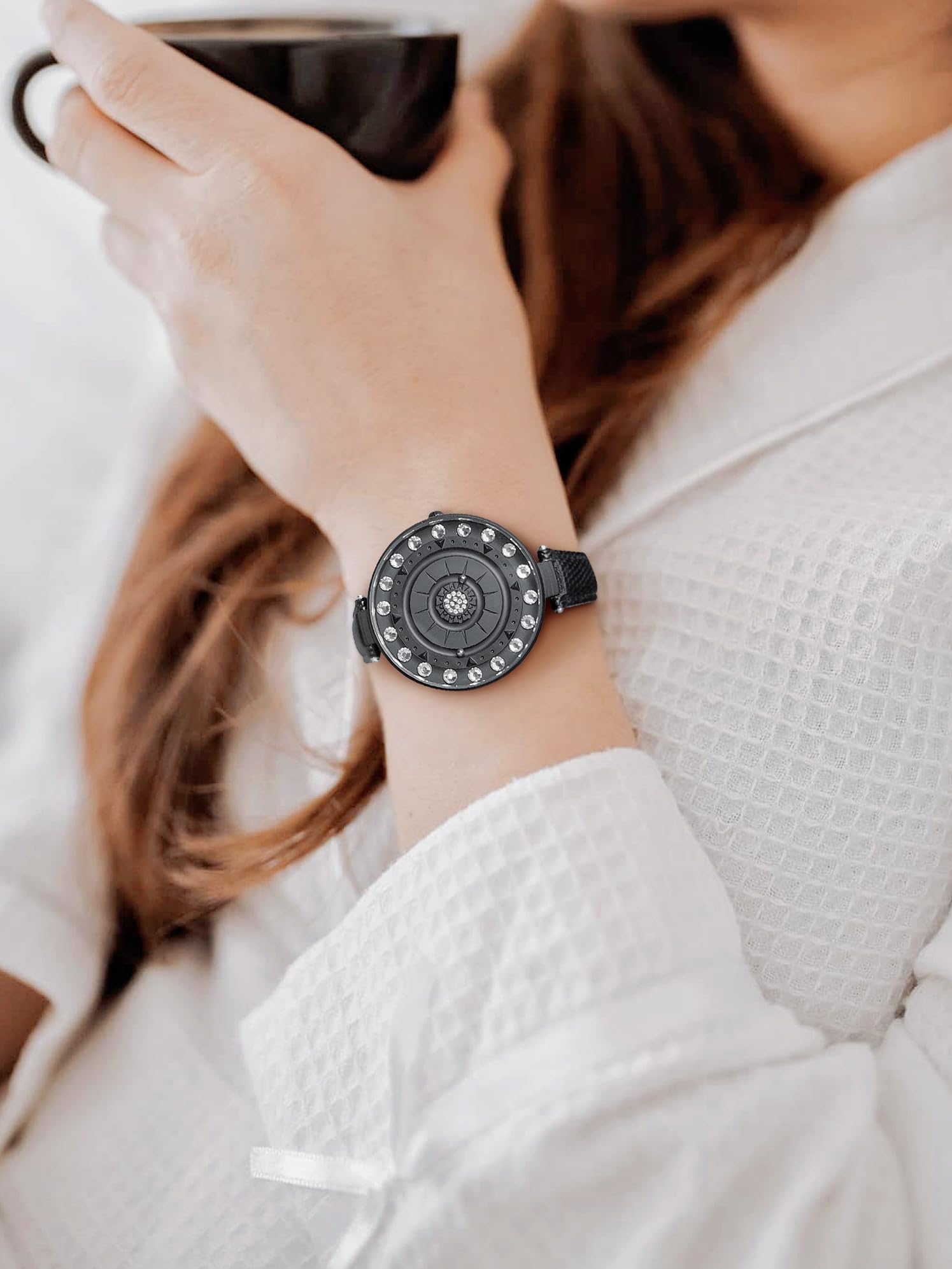 EUTOUR Orologio Magnetico da Donna Cuscinetto a Sfera 3ATM Impermeabile Diamanti Fiore Moda Semplice Quarzo Orologi da Polso da Donna 40mm Cinturino in vera pelle